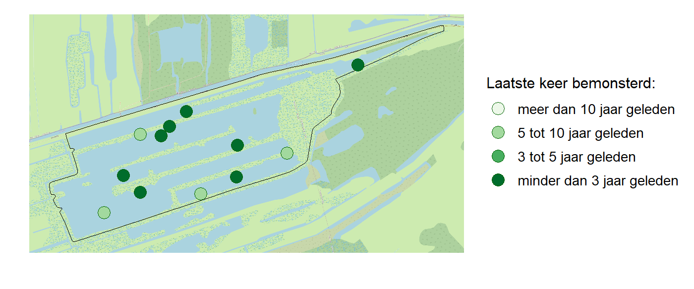 Kaart met meetlocaties waar waterplanten worden gemeten (groene stippen). Het laatste meetjaar waarin een locatie is bemonsterd is weergegeven in verschillende tinten groen.