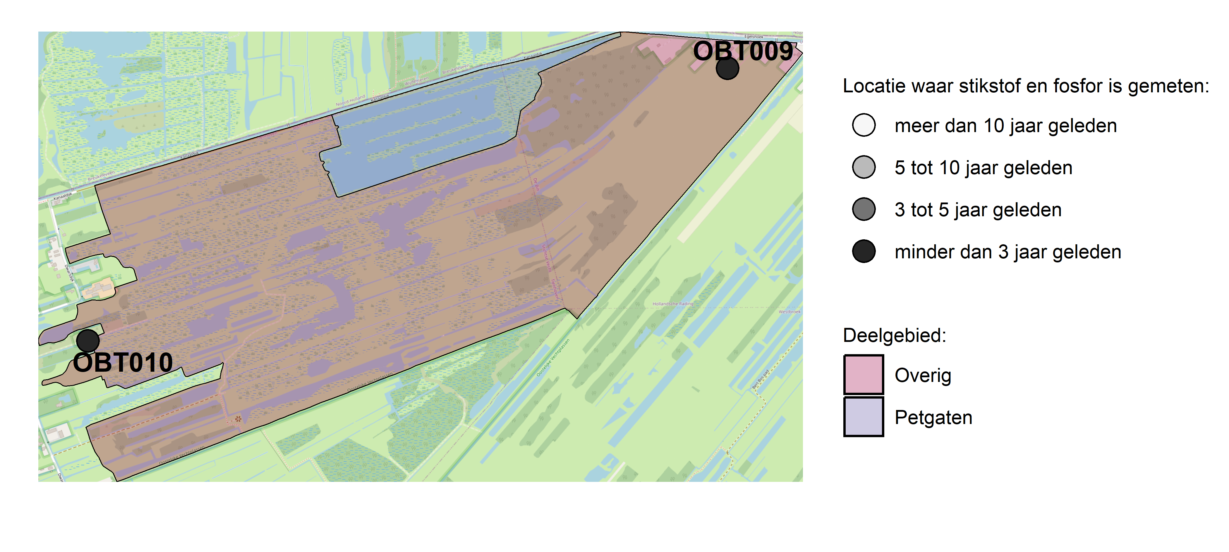 Figure 1: Kaart met meetlocaties waar stikstof en fosfor zijn gemeten. Het laatste meetjaar waarin een locatie is bemonsterd, is weergegeven in verschillende tinten grijs.