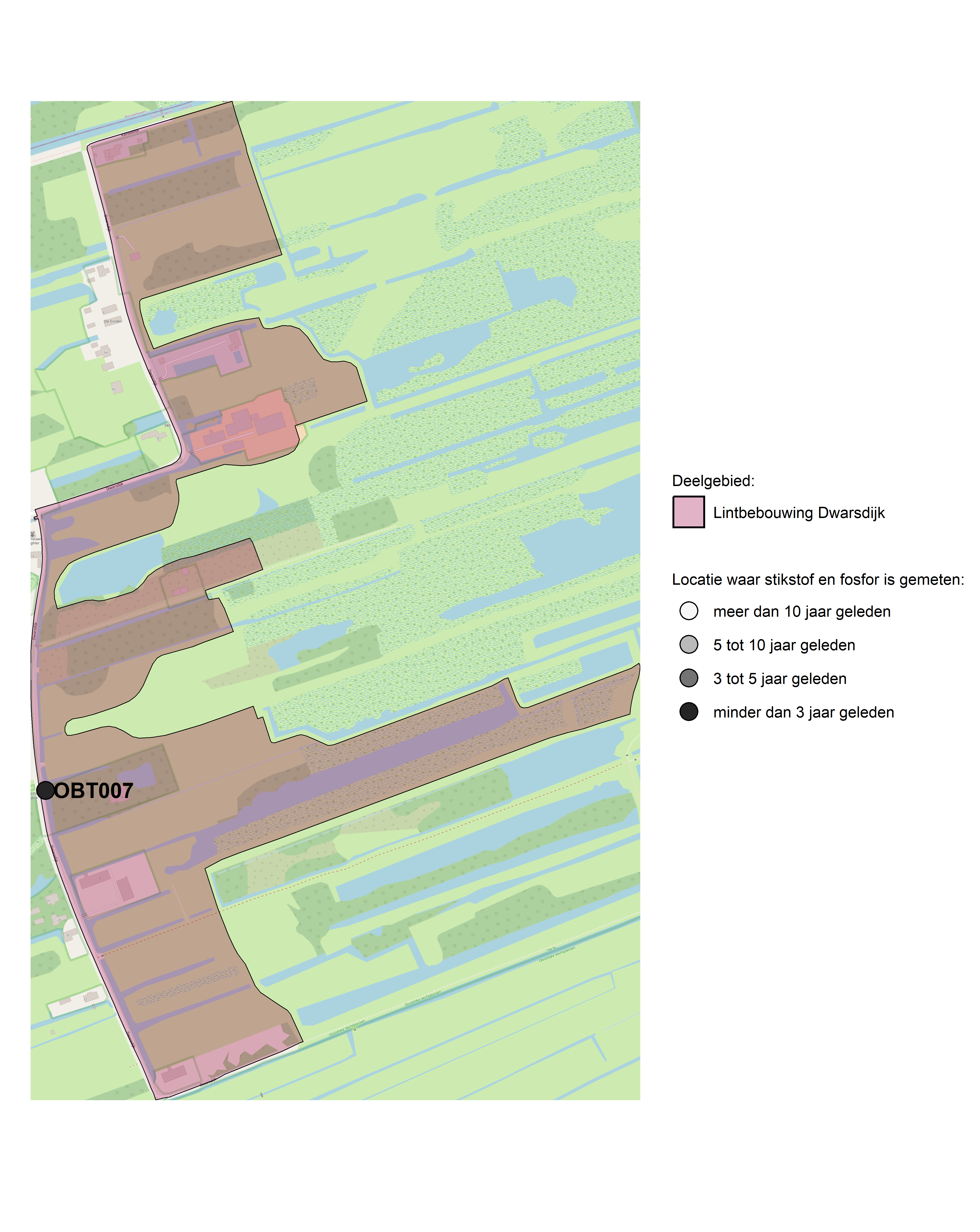 Figure 1: Kaart met meetlocaties waar stikstof en fosfor zijn gemeten. Het laatste meetjaar waarin een locatie is bemonsterd, is weergegeven in verschillende tinten grijs.