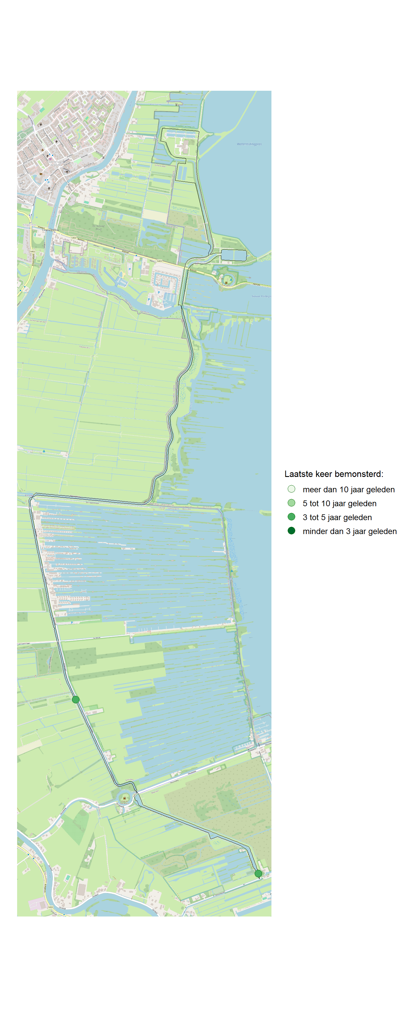 Kaart met meetlocaties waar waterplanten worden gemeten (groene stippen). Het laatste meetjaar waarin een locatie is bemonsterd is weergegeven in verschillende tinten groen.