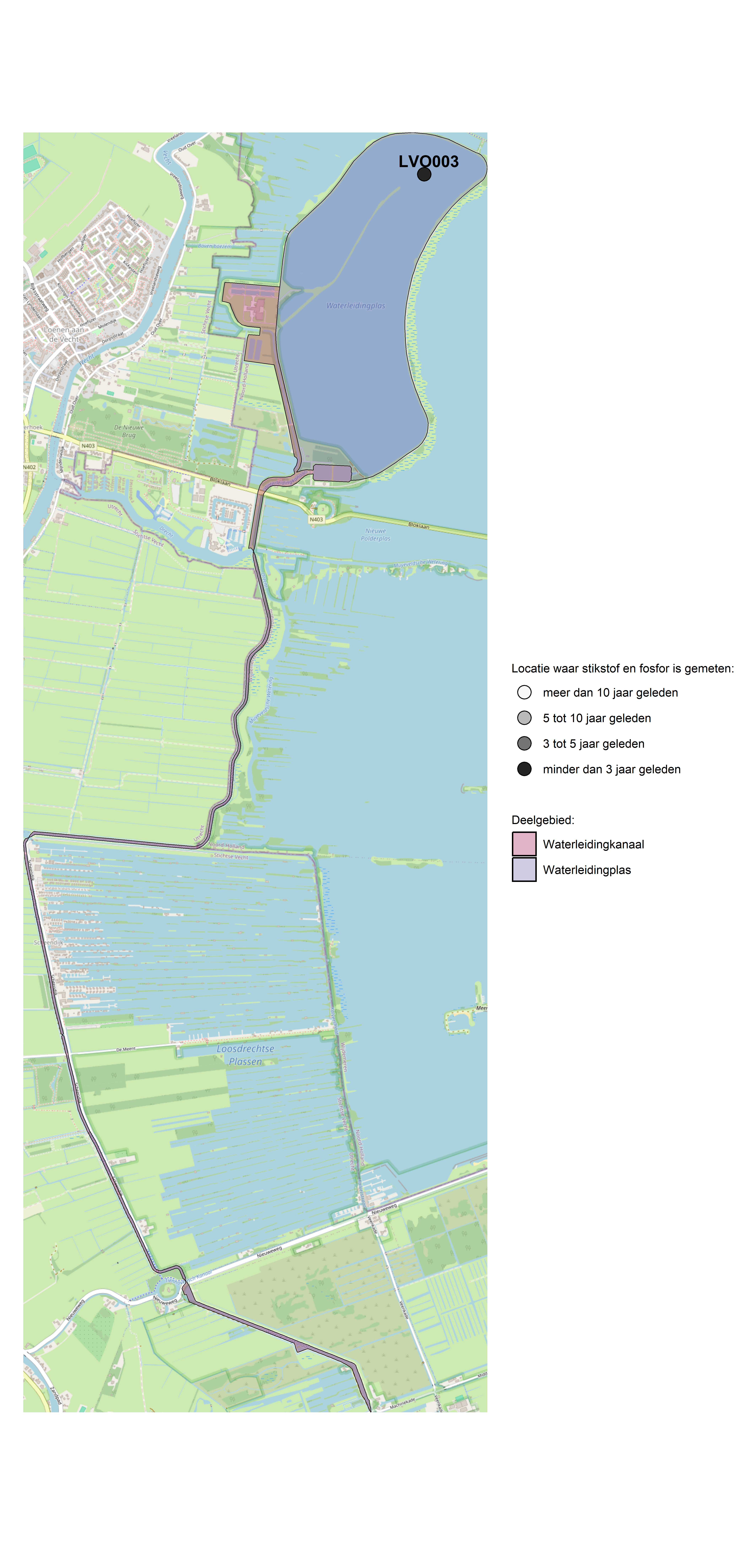 Figure 1: Kaart met meetlocaties waar stikstof en fosfor zijn gemeten. Het laatste meetjaar waarin een locatie is bemonsterd, is weergegeven in verschillende tinten grijs.