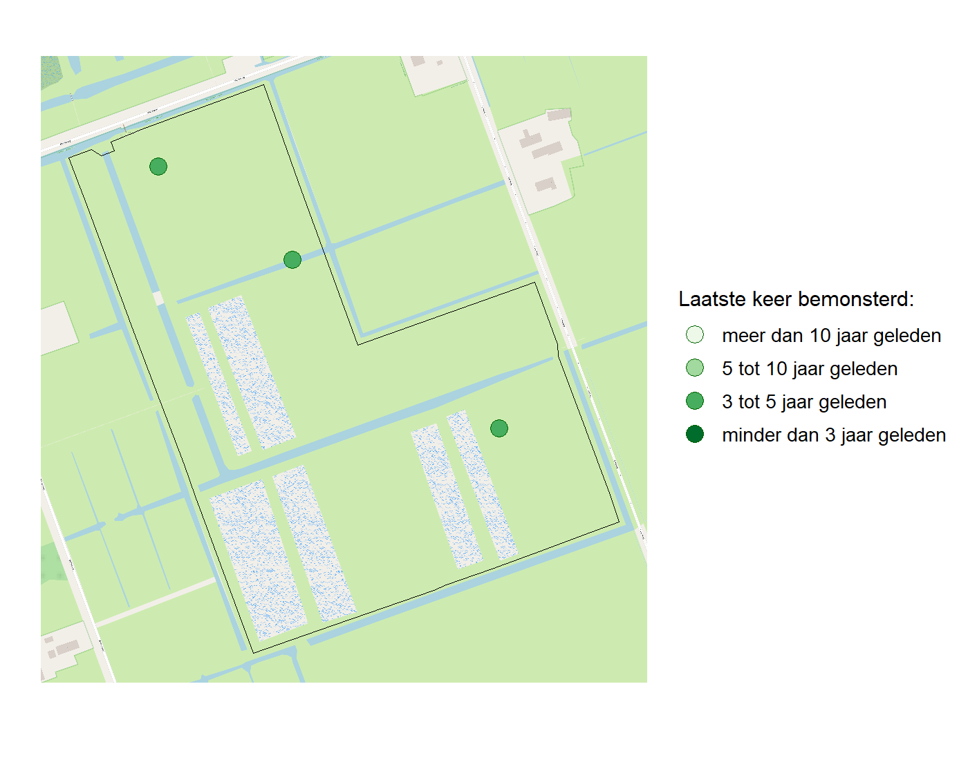 Kaart met meetlocaties waar waterplanten worden gemeten (groene stippen). Het laatste meetjaar waarin een locatie is bemonsterd is weergegeven in verschillende tinten groen.