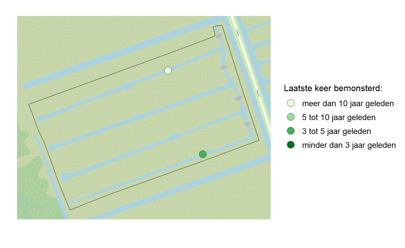 Kaart met meetlocaties waar waterplanten worden gemeten (groene stippen). Het laatste meetjaar waarin een locatie is bemonsterd is weergegeven in verschillende tinten groen.