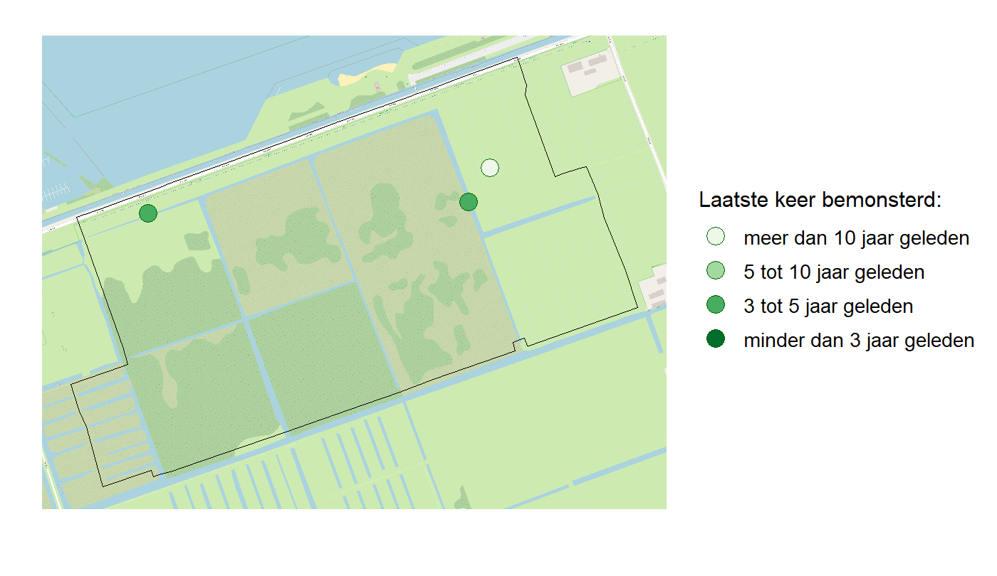 Kaart met meetlocaties waar waterplanten worden gemeten (groene stippen). Het laatste meetjaar waarin een locatie is bemonsterd is weergegeven in verschillende tinten groen.