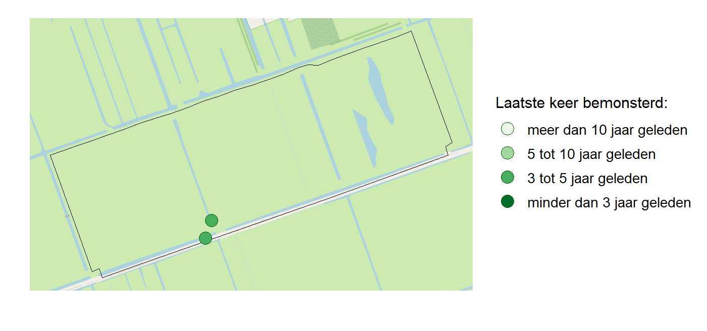 Kaart met meetlocaties waar waterplanten worden gemeten (groene stippen). Het laatste meetjaar waarin een locatie is bemonsterd is weergegeven in verschillende tinten groen.