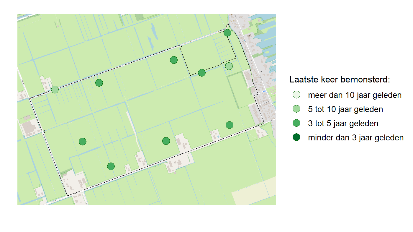 Kaart met meetlocaties waar waterplanten worden gemeten (groene stippen). Het laatste meetjaar waarin een locatie is bemonsterd is weergegeven in verschillende tinten groen.