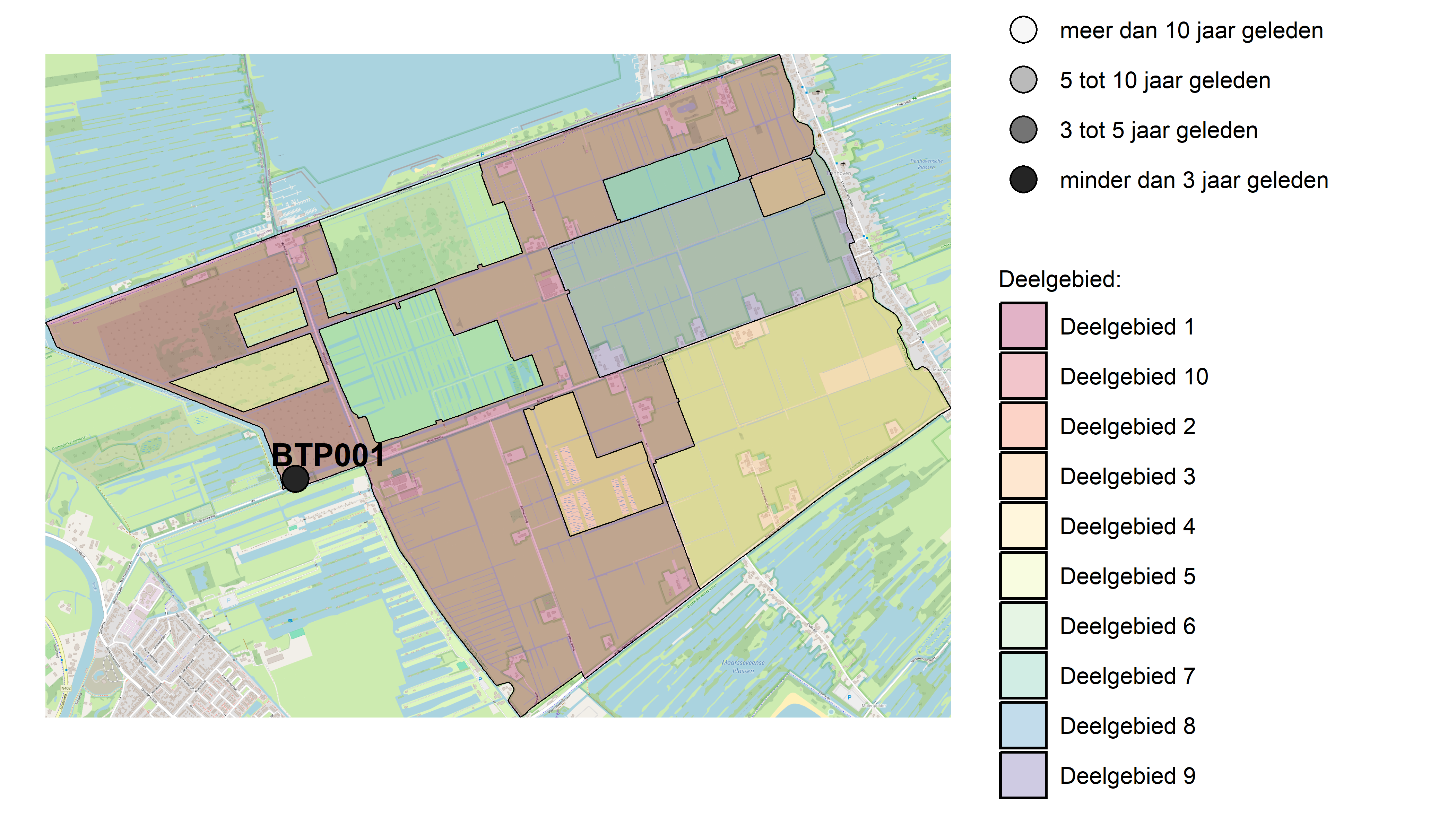 Figure 1: Kaart met meetlocaties waar stikstof en fosfor zijn gemeten. Het laatste meetjaar waarin een locatie is bemonsterd, is weergegeven in verschillende tinten grijs.