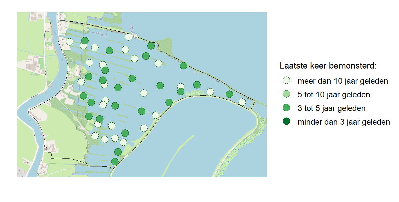 Kaart met meetlocaties waar waterplanten worden gemeten (groene stippen). Het laatste meetjaar waarin een locatie is bemonsterd is weergegeven in verschillende tinten groen.