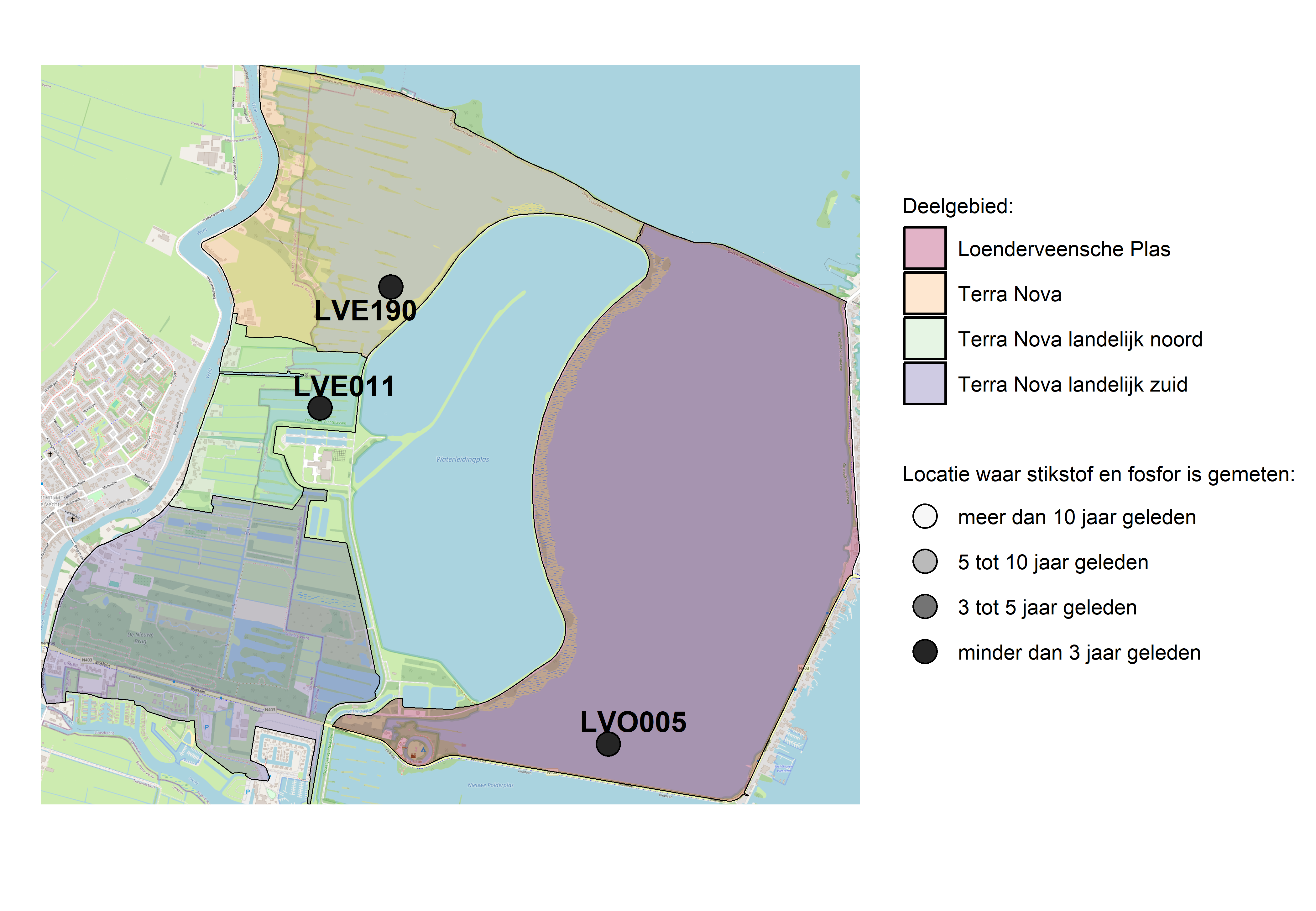 Figure 1: Kaart met meetlocaties waar stikstof en fosfor zijn gemeten. Het laatste meetjaar waarin een locatie is bemonsterd, is weergegeven in verschillende tinten grijs.