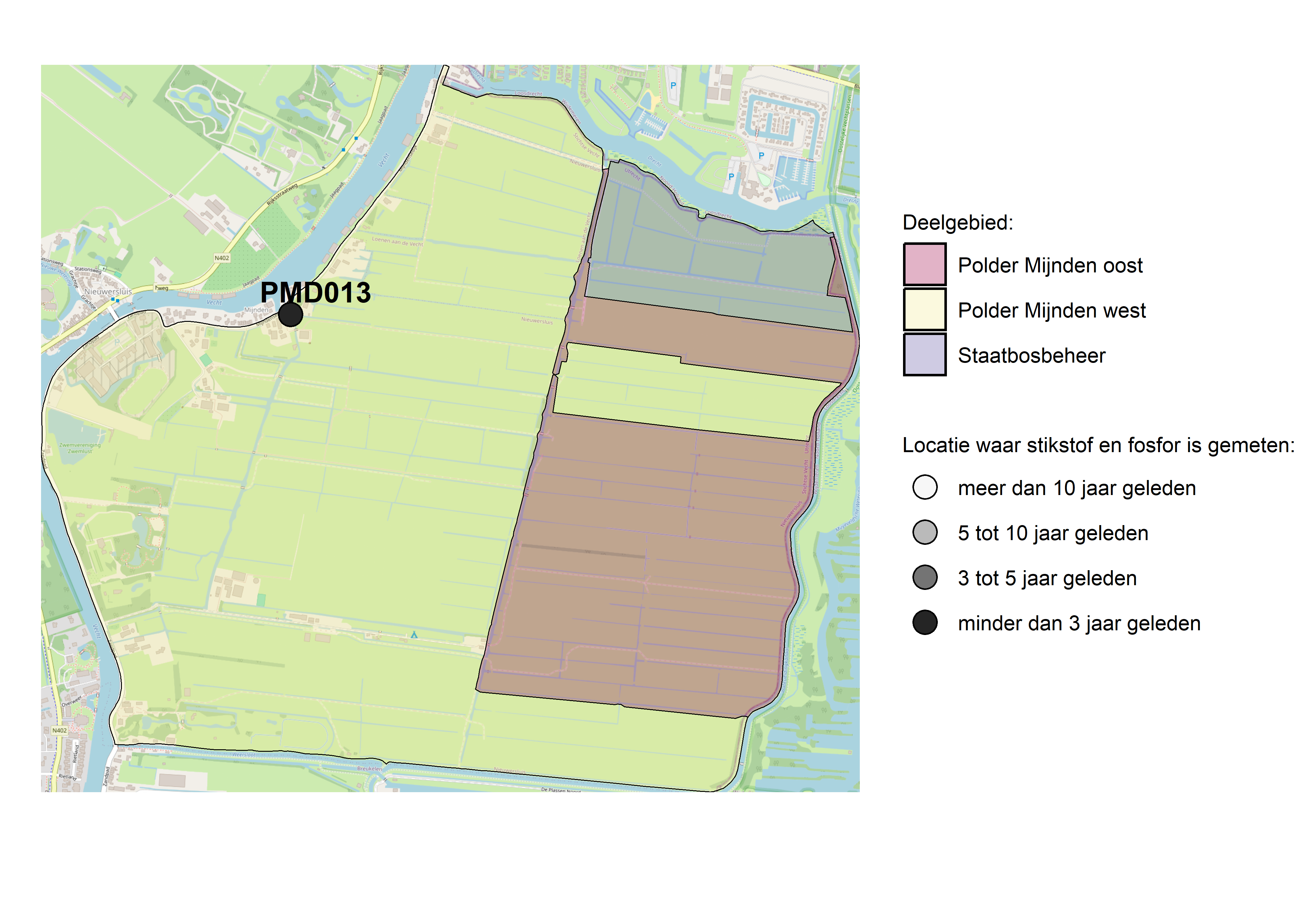 Figure 1: Kaart met meetlocaties waar stikstof en fosfor zijn gemeten. Het laatste meetjaar waarin een locatie is bemonsterd, is weergegeven in verschillende tinten grijs.