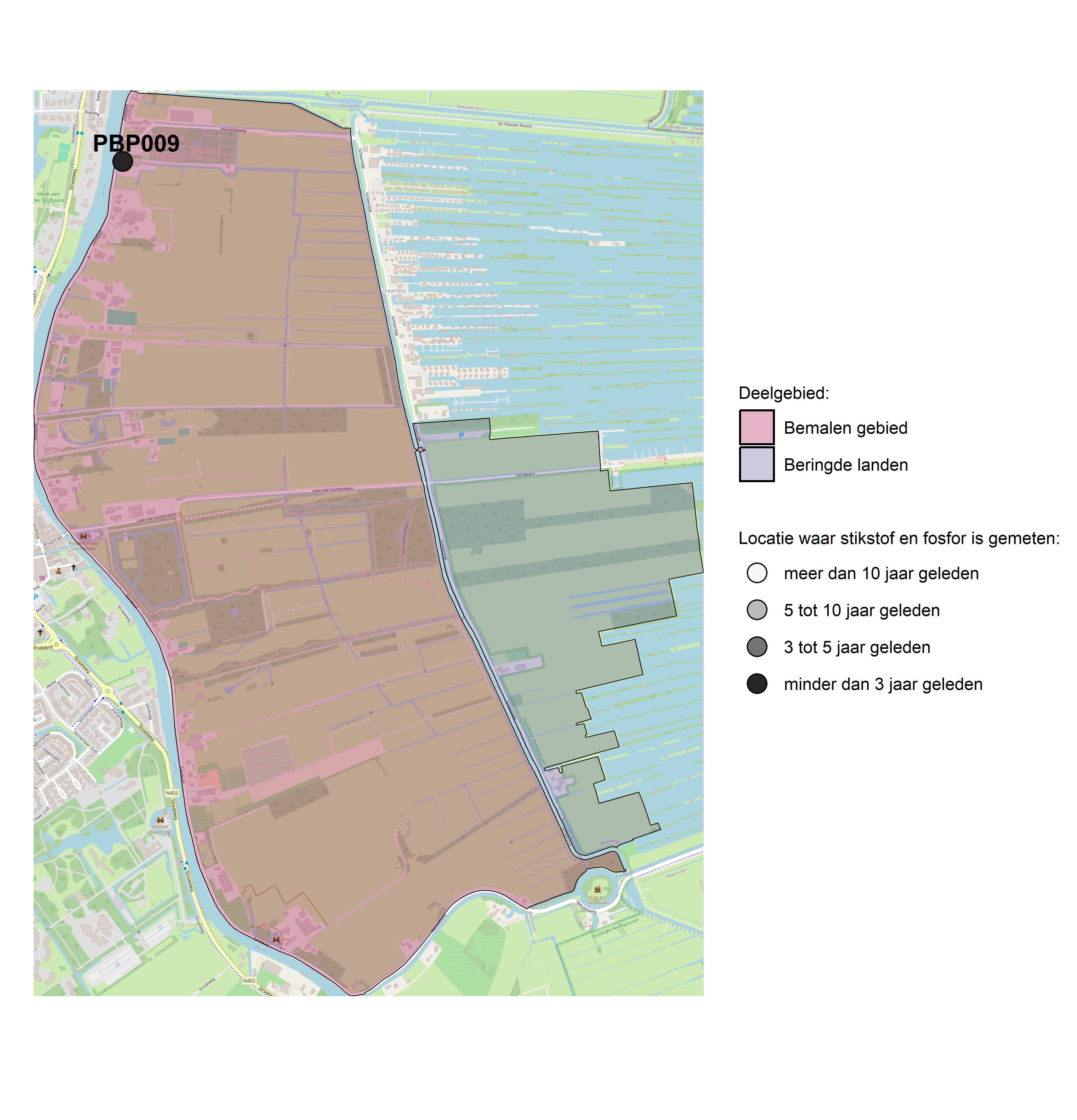 Figure 1: Kaart met meetlocaties waar stikstof en fosfor zijn gemeten. Het laatste meetjaar waarin een locatie is bemonsterd, is weergegeven in verschillende tinten grijs.