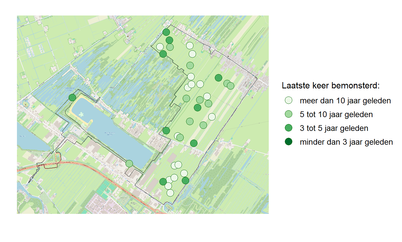 Kaart met meetlocaties waar waterplanten worden gemeten (groene stippen). Het laatste meetjaar waarin een locatie is bemonsterd is weergegeven in verschillende tinten groen.