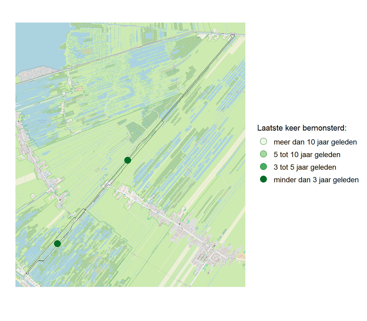 Kaart met meetlocaties waar waterplanten worden gemeten (groene stippen). Het laatste meetjaar waarin een locatie is bemonsterd is weergegeven in verschillende tinten groen.