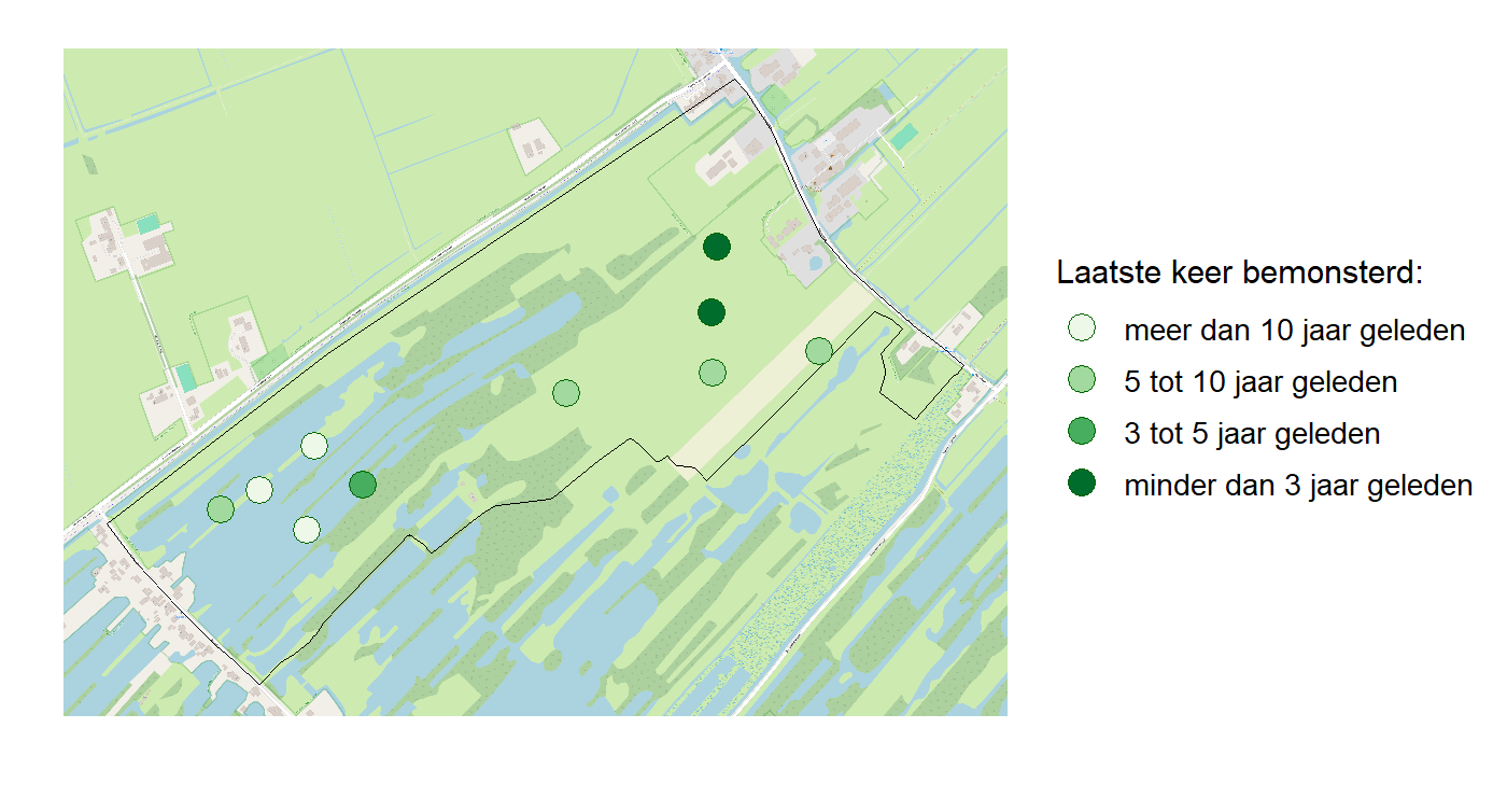 Kaart met meetlocaties waar waterplanten worden gemeten (groene stippen). Het laatste meetjaar waarin een locatie is bemonsterd is weergegeven in verschillende tinten groen.