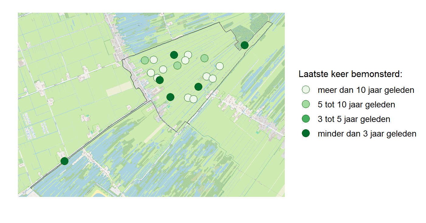 Kaart met meetlocaties waar waterplanten worden gemeten (groene stippen). Het laatste meetjaar waarin een locatie is bemonsterd is weergegeven in verschillende tinten groen.