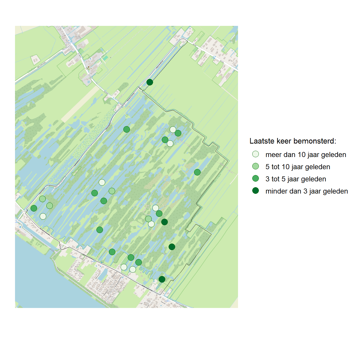 Kaart met meetlocaties waar waterplanten worden gemeten (groene stippen). Het laatste meetjaar waarin een locatie is bemonsterd is weergegeven in verschillende tinten groen.