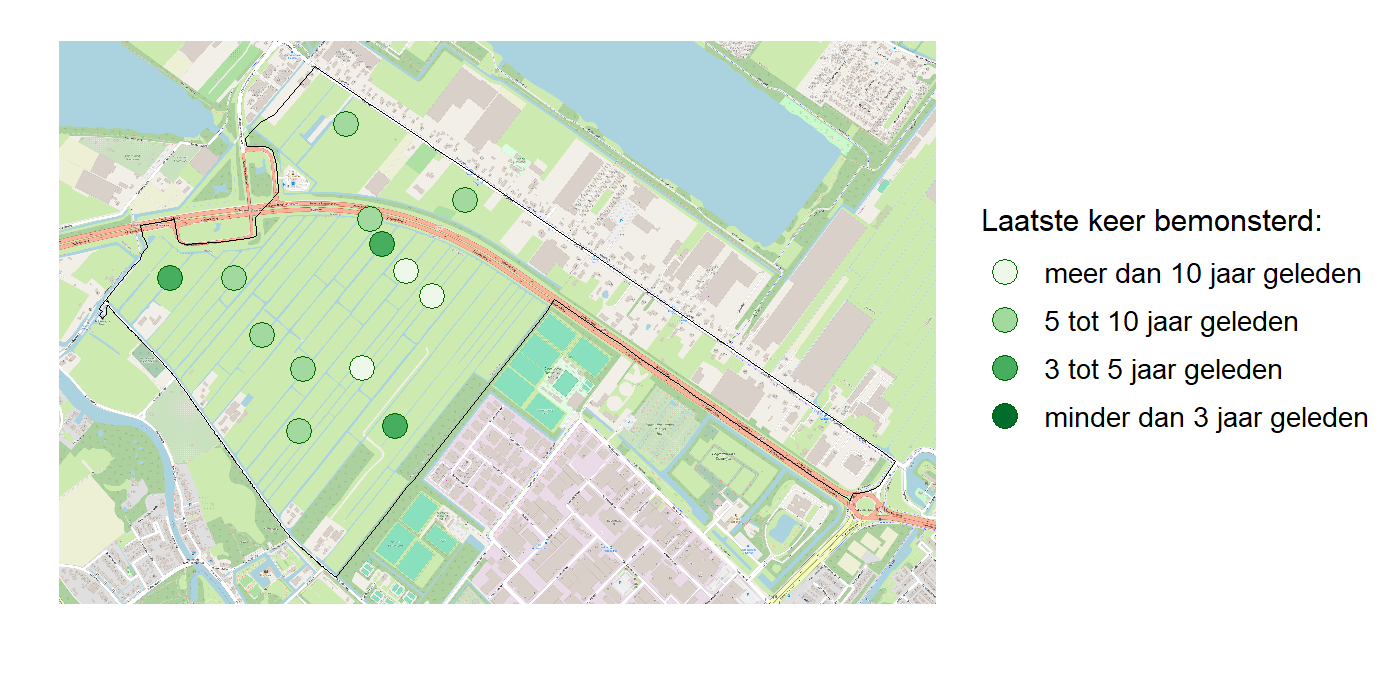 Kaart met meetlocaties waar waterplanten worden gemeten (groene stippen). Het laatste meetjaar waarin een locatie is bemonsterd is weergegeven in verschillende tinten groen.