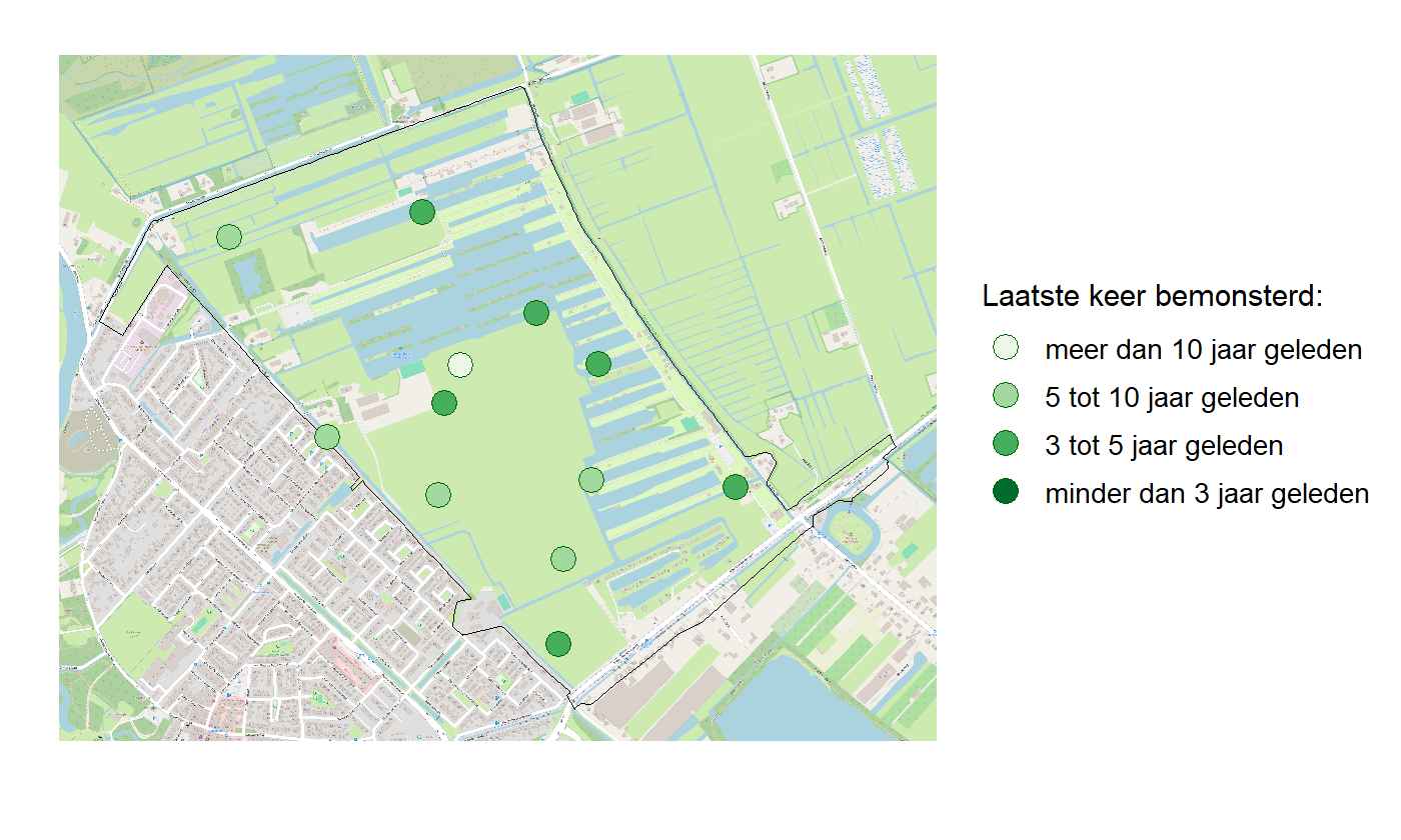 Kaart met meetlocaties waar waterplanten worden gemeten (groene stippen). Het laatste meetjaar waarin een locatie is bemonsterd is weergegeven in verschillende tinten groen.