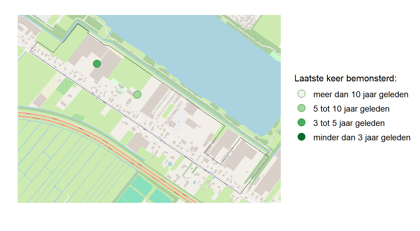 Kaart met meetlocaties waar waterplanten worden gemeten (groene stippen). Het laatste meetjaar waarin een locatie is bemonsterd is weergegeven in verschillende tinten groen.