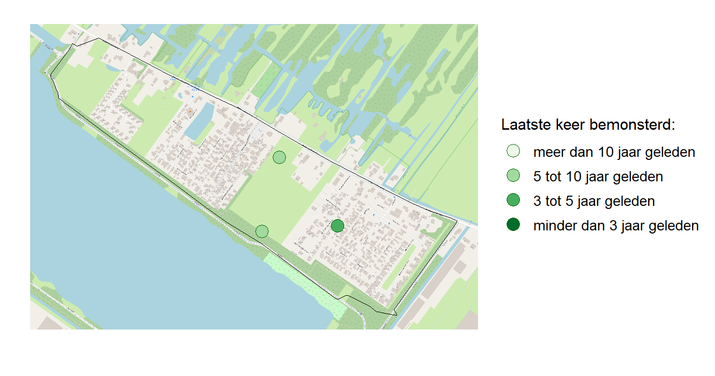 Kaart met meetlocaties waar waterplanten worden gemeten (groene stippen). Het laatste meetjaar waarin een locatie is bemonsterd is weergegeven in verschillende tinten groen.