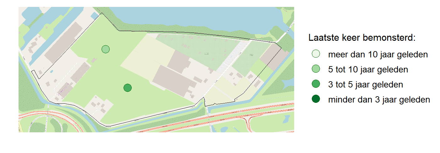 Kaart met meetlocaties waar waterplanten worden gemeten (groene stippen). Het laatste meetjaar waarin een locatie is bemonsterd is weergegeven in verschillende tinten groen.