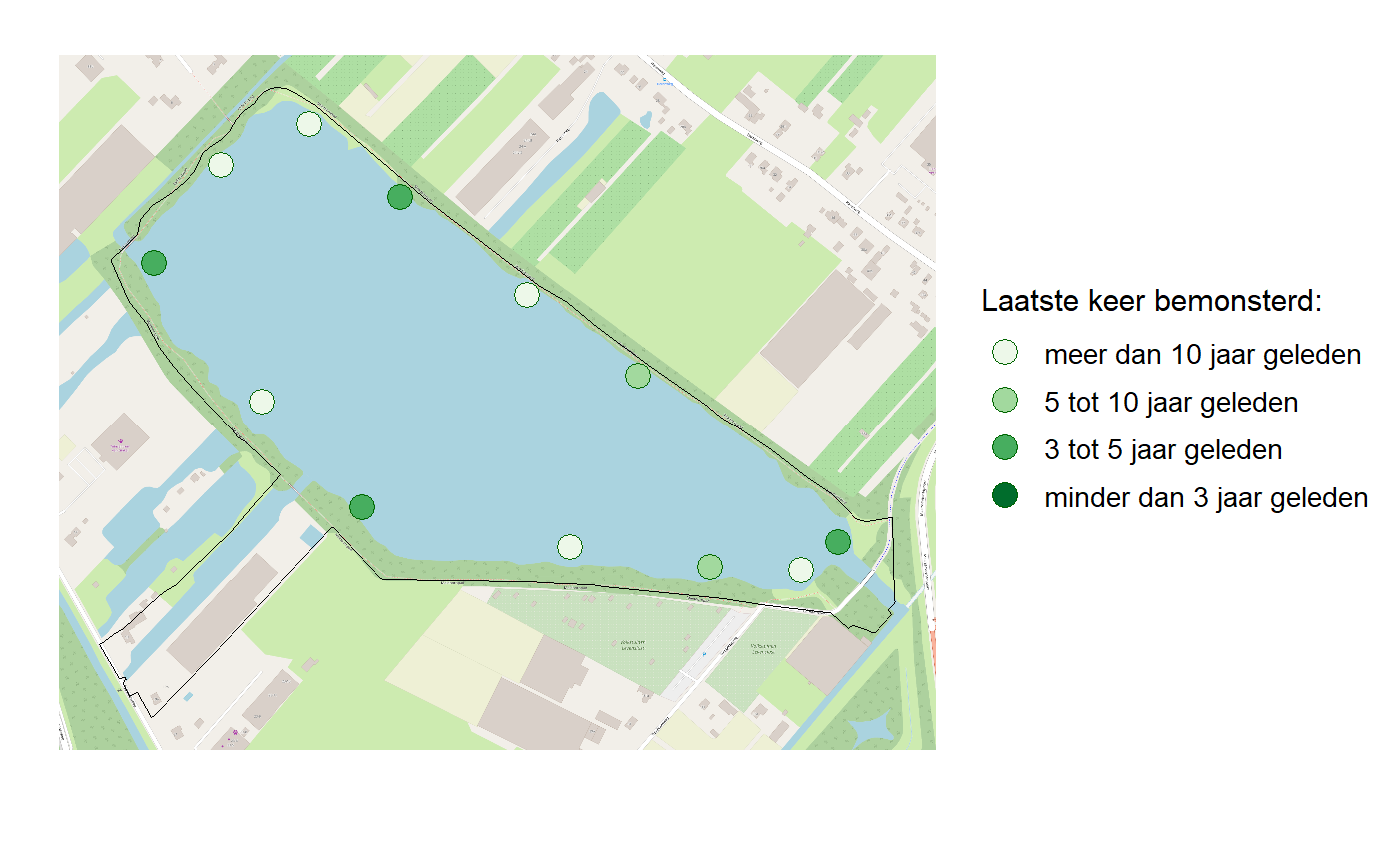 Kaart met meetlocaties waar waterplanten worden gemeten (groene stippen). Het laatste meetjaar waarin een locatie is bemonsterd is weergegeven in verschillende tinten groen.