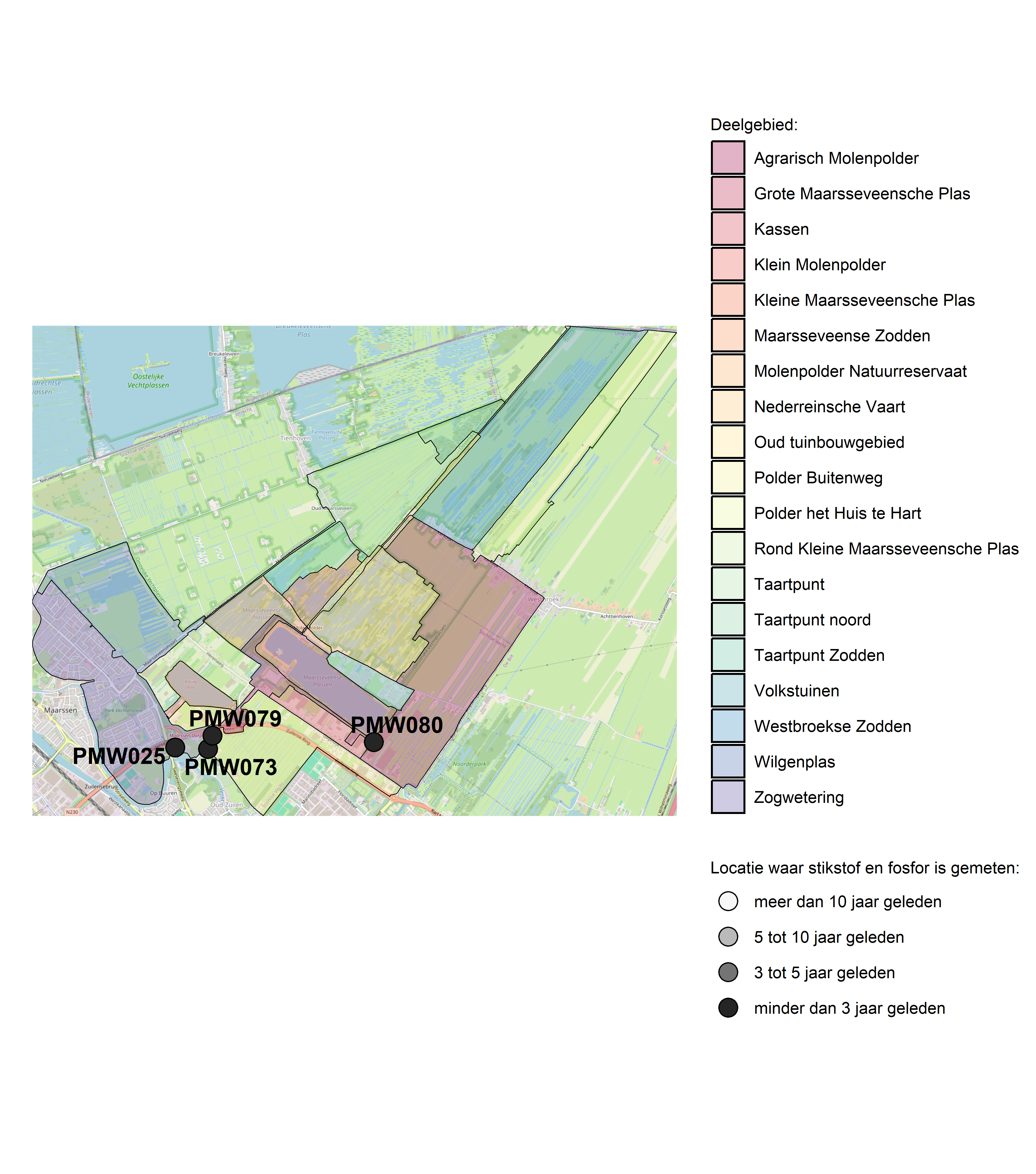 Figure 1: Kaart met meetlocaties waar stikstof en fosfor zijn gemeten. Het laatste meetjaar waarin een locatie is bemonsterd, is weergegeven in verschillende tinten grijs.