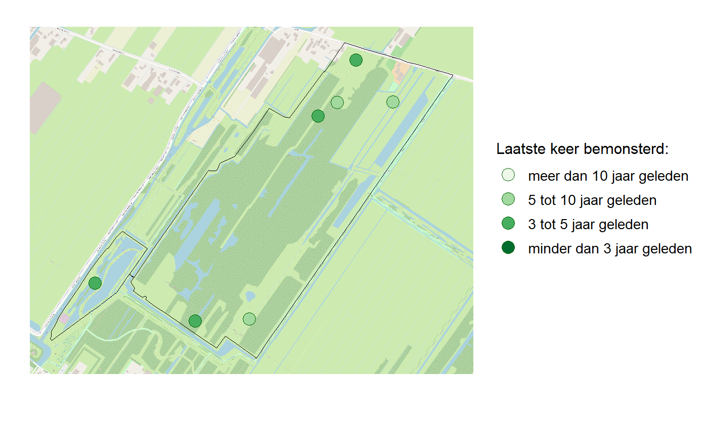 Kaart met meetlocaties waar waterplanten worden gemeten (groene stippen). Het laatste meetjaar waarin een locatie is bemonsterd is weergegeven in verschillende tinten groen.