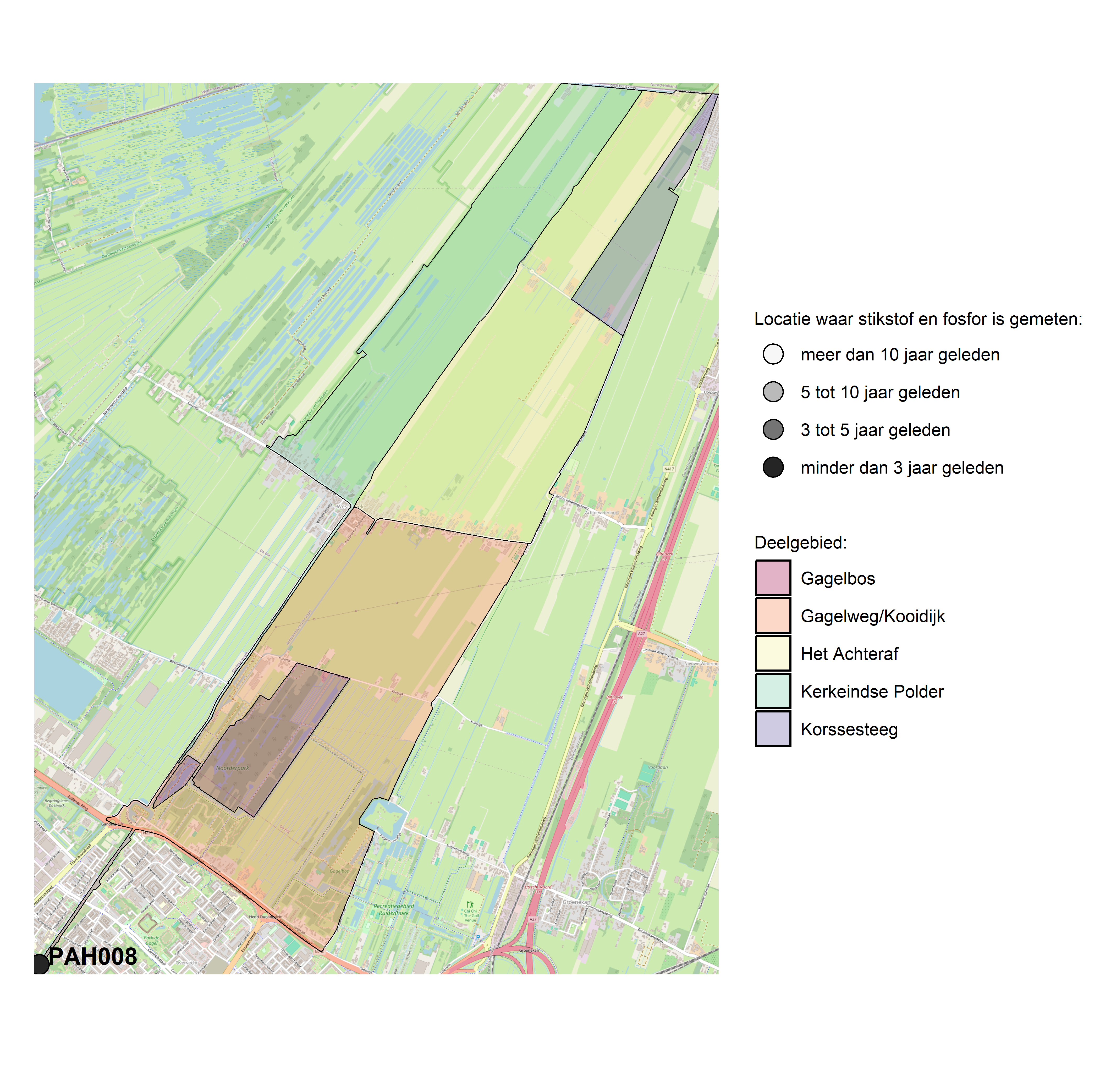 Figure 1: Kaart met meetlocaties waar stikstof en fosfor zijn gemeten. Het laatste meetjaar waarin een locatie is bemonsterd, is weergegeven in verschillende tinten grijs.