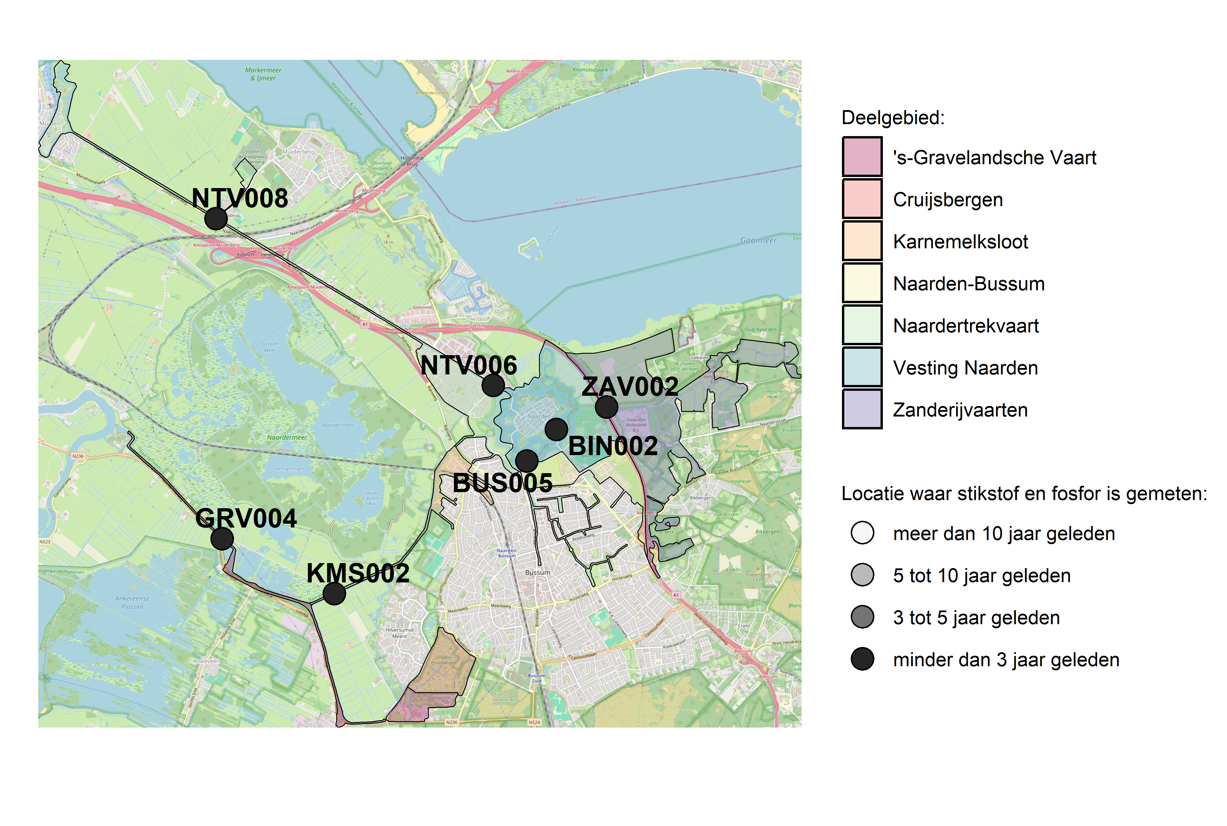 Figure 1: Kaart met meetlocaties waar stikstof en fosfor zijn gemeten. Het laatste meetjaar waarin een locatie is bemonsterd, is weergegeven in verschillende tinten grijs.