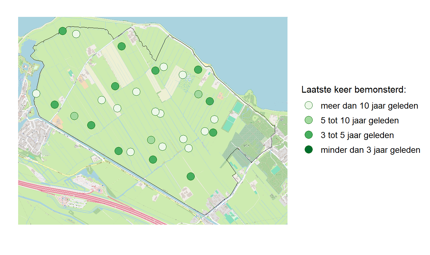 Kaart met meetlocaties waar waterplanten worden gemeten (groene stippen). Het laatste meetjaar waarin een locatie is bemonsterd is weergegeven in verschillende tinten groen.