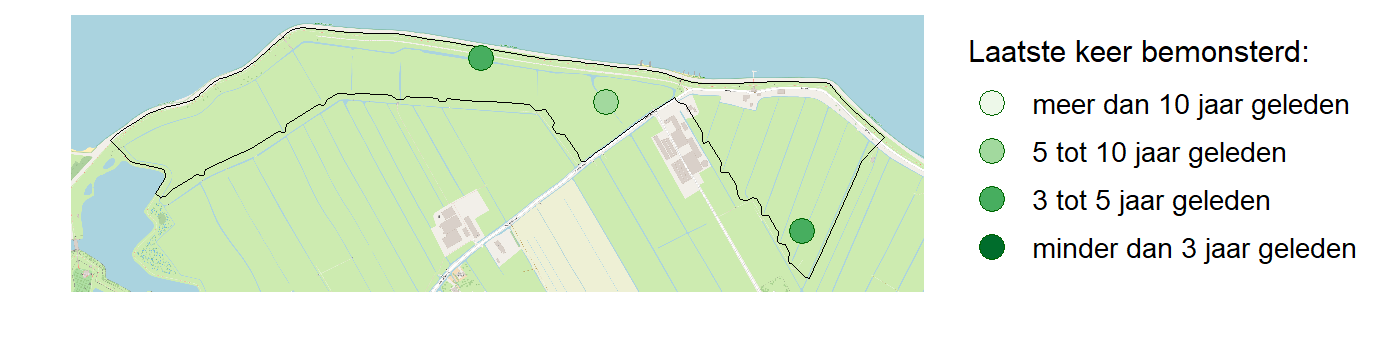 Kaart met meetlocaties waar waterplanten worden gemeten (groene stippen). Het laatste meetjaar waarin een locatie is bemonsterd is weergegeven in verschillende tinten groen.