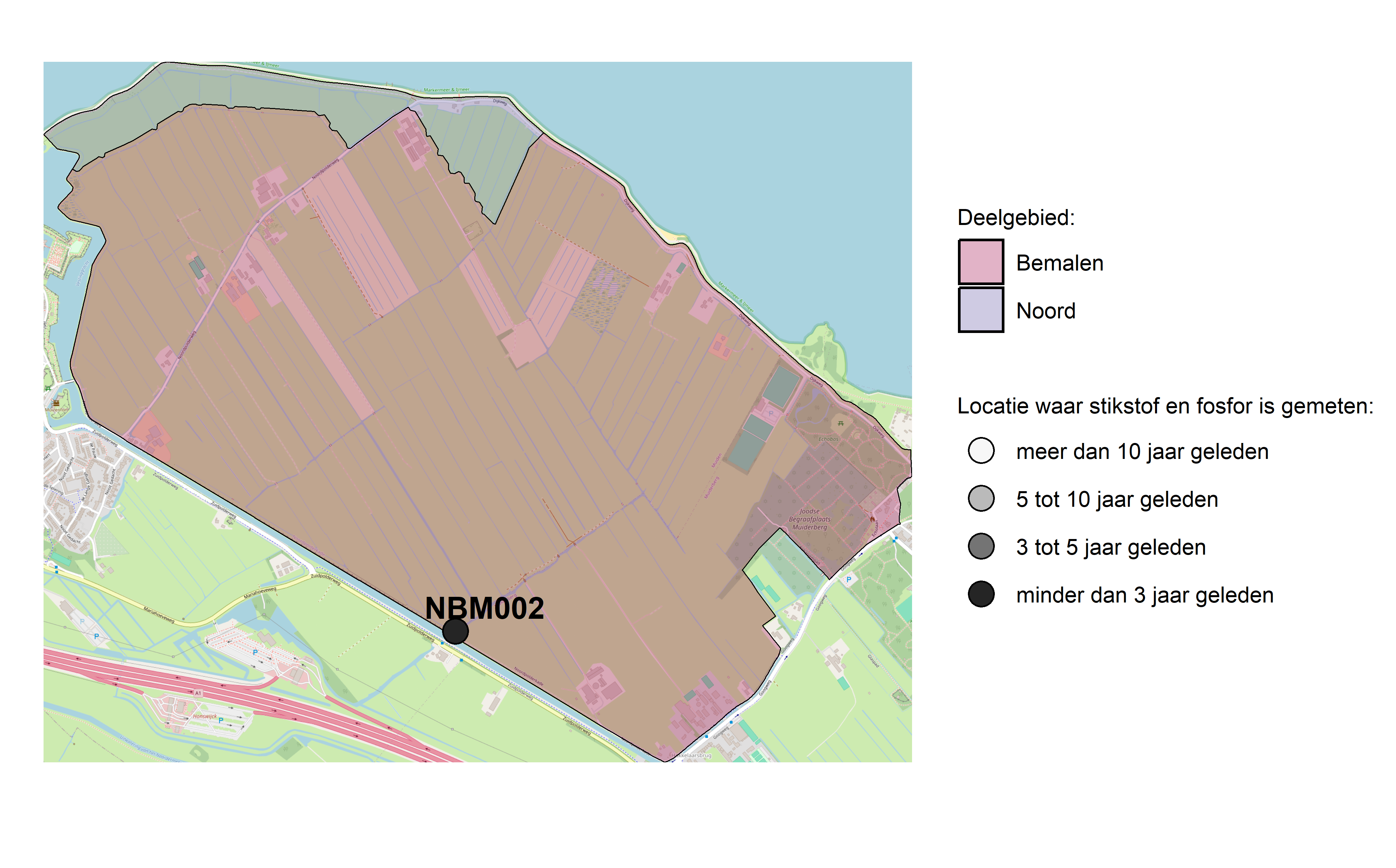 Figure 1: Kaart met meetlocaties waar stikstof en fosfor zijn gemeten. Het laatste meetjaar waarin een locatie is bemonsterd, is weergegeven in verschillende tinten grijs.