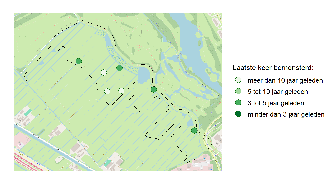 Kaart met meetlocaties waar waterplanten worden gemeten (groene stippen). Het laatste meetjaar waarin een locatie is bemonsterd is weergegeven in verschillende tinten groen.