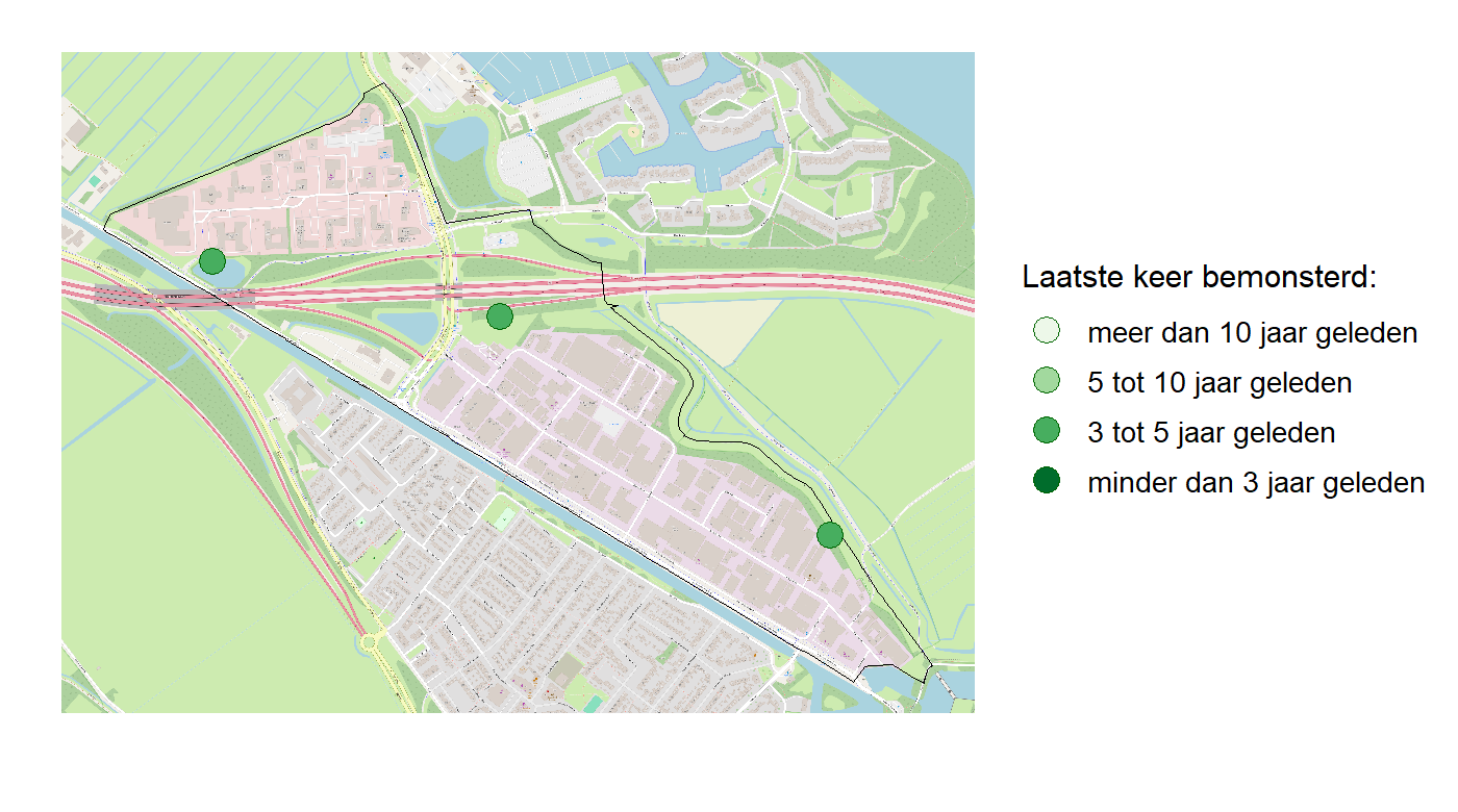 Kaart met meetlocaties waar waterplanten worden gemeten (groene stippen). Het laatste meetjaar waarin een locatie is bemonsterd is weergegeven in verschillende tinten groen.