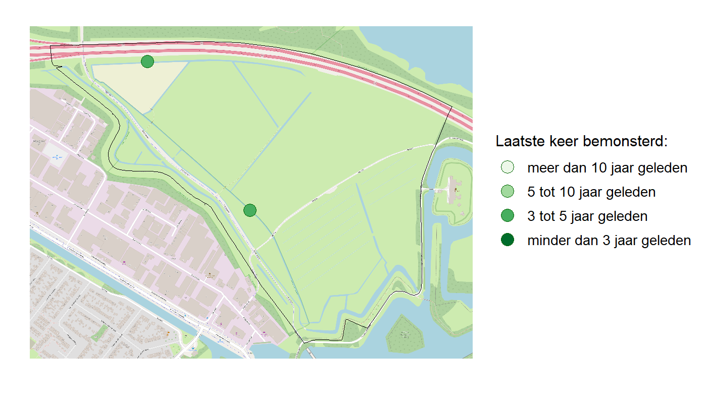 Kaart met meetlocaties waar waterplanten worden gemeten (groene stippen). Het laatste meetjaar waarin een locatie is bemonsterd is weergegeven in verschillende tinten groen.