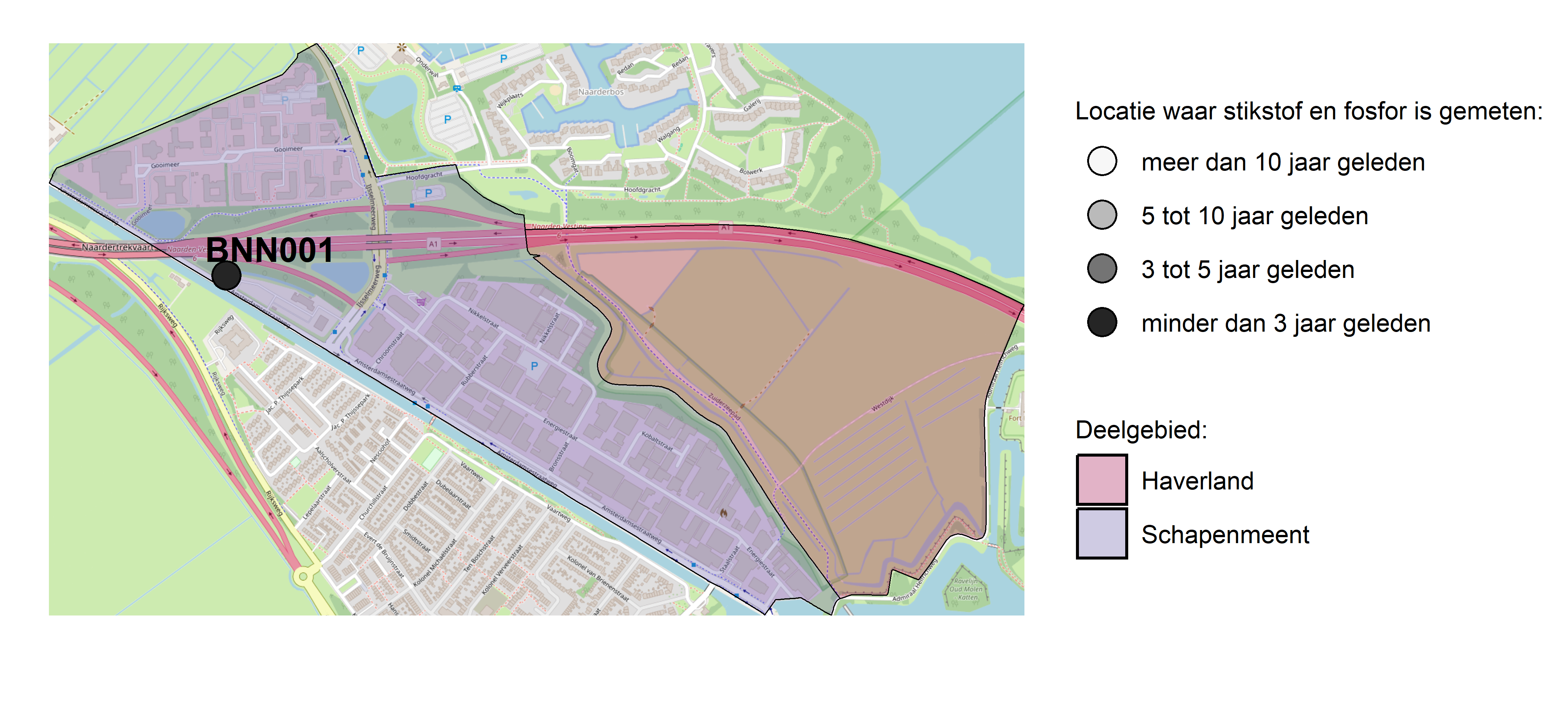 Figure 1: Kaart met meetlocaties waar stikstof en fosfor zijn gemeten. Het laatste meetjaar waarin een locatie is bemonsterd, is weergegeven in verschillende tinten grijs.