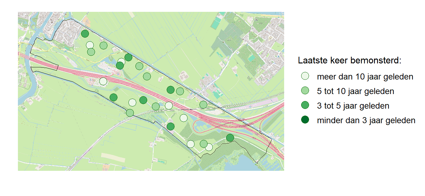 Kaart met meetlocaties waar waterplanten worden gemeten (groene stippen). Het laatste meetjaar waarin een locatie is bemonsterd is weergegeven in verschillende tinten groen.