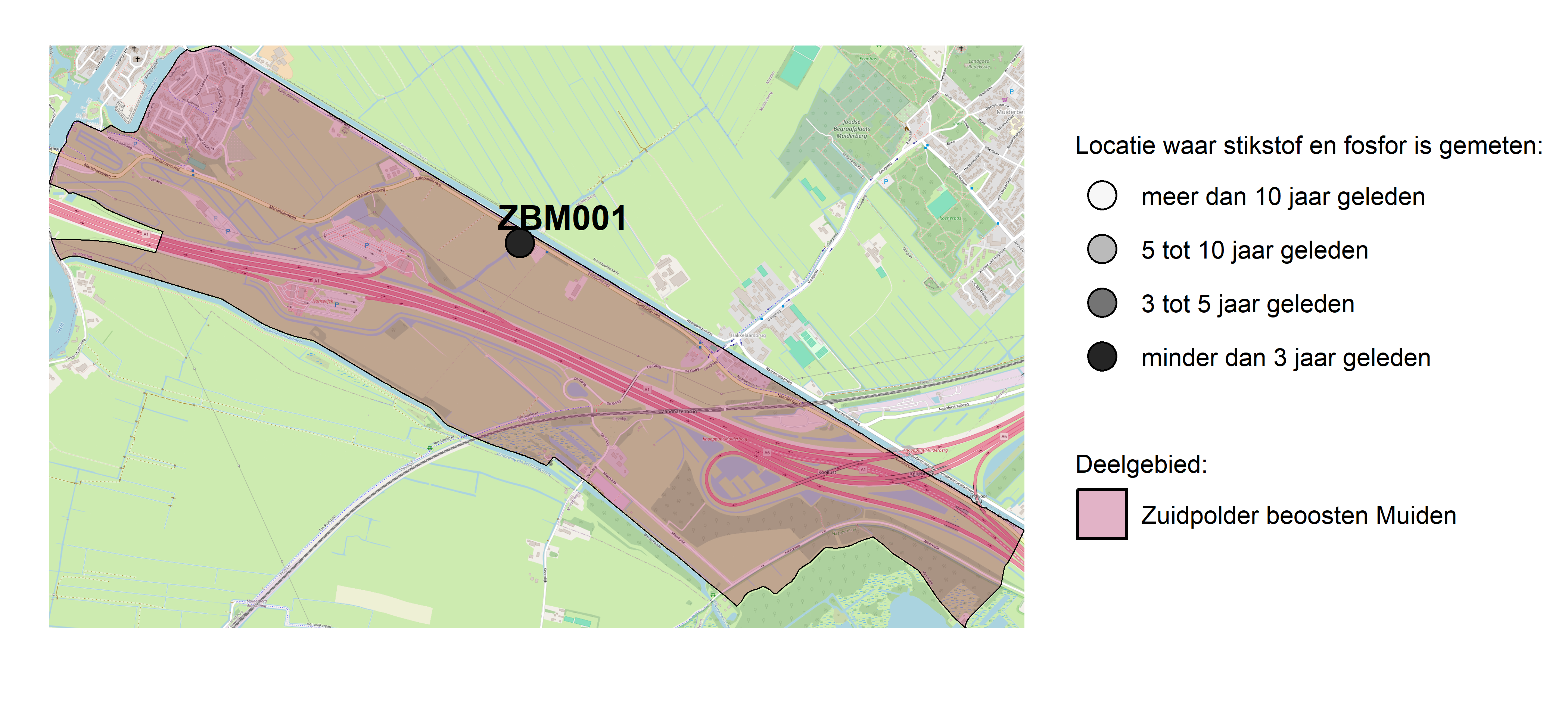 Figure 1: Kaart met meetlocaties waar stikstof en fosfor zijn gemeten. Het laatste meetjaar waarin een locatie is bemonsterd, is weergegeven in verschillende tinten grijs.