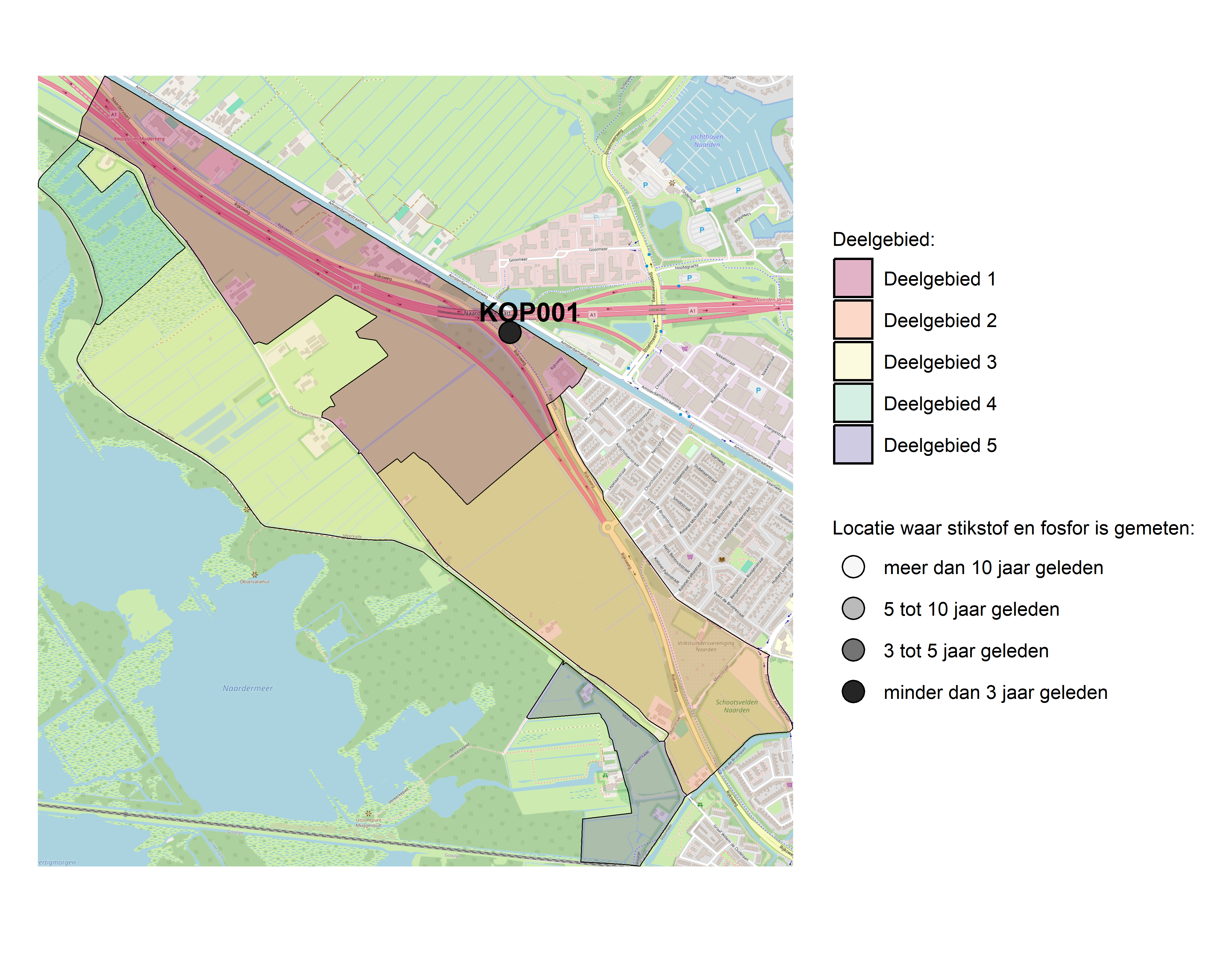 Figure 1: Kaart met meetlocaties waar stikstof en fosfor zijn gemeten. Het laatste meetjaar waarin een locatie is bemonsterd, is weergegeven in verschillende tinten grijs.