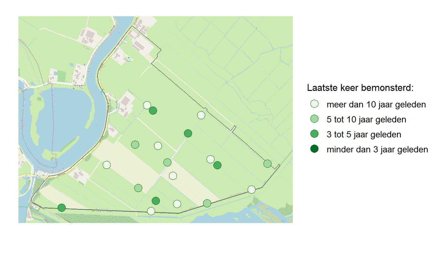 Kaart met meetlocaties waar waterplanten worden gemeten (groene stippen). Het laatste meetjaar waarin een locatie is bemonsterd is weergegeven in verschillende tinten groen.