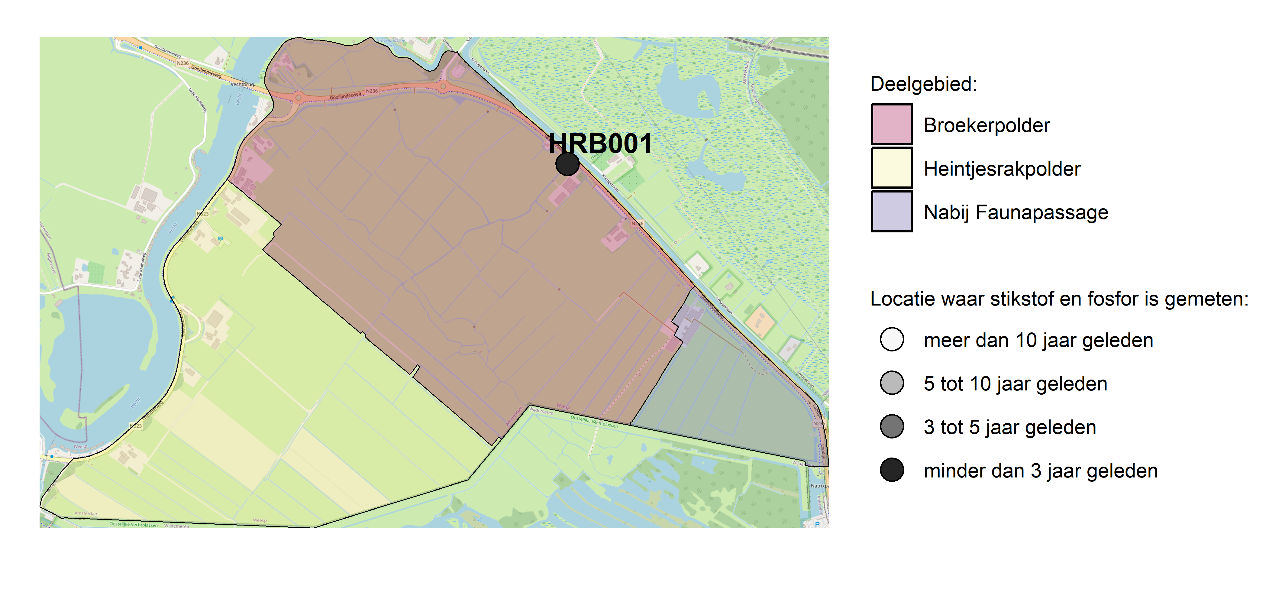 Figure 1: Kaart met meetlocaties waar stikstof en fosfor zijn gemeten. Het laatste meetjaar waarin een locatie is bemonsterd, is weergegeven in verschillende tinten grijs.