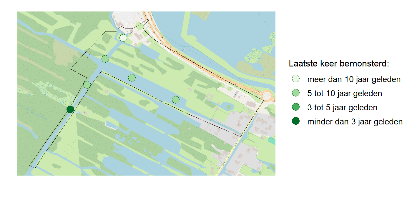 Kaart met meetlocaties waar waterplanten worden gemeten (groene stippen). Het laatste meetjaar waarin een locatie is bemonsterd is weergegeven in verschillende tinten groen.