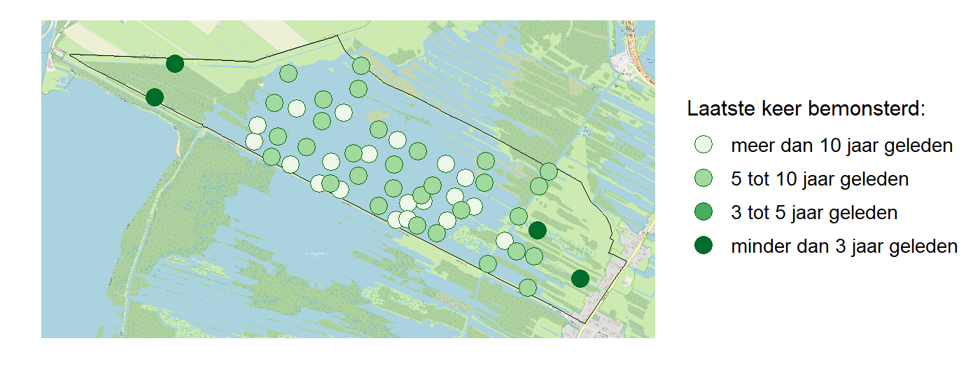 Kaart met meetlocaties waar waterplanten worden gemeten (groene stippen). Het laatste meetjaar waarin een locatie is bemonsterd is weergegeven in verschillende tinten groen.