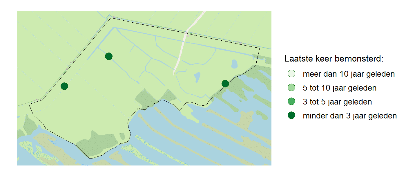 Kaart met meetlocaties waar waterplanten worden gemeten (groene stippen). Het laatste meetjaar waarin een locatie is bemonsterd is weergegeven in verschillende tinten groen.