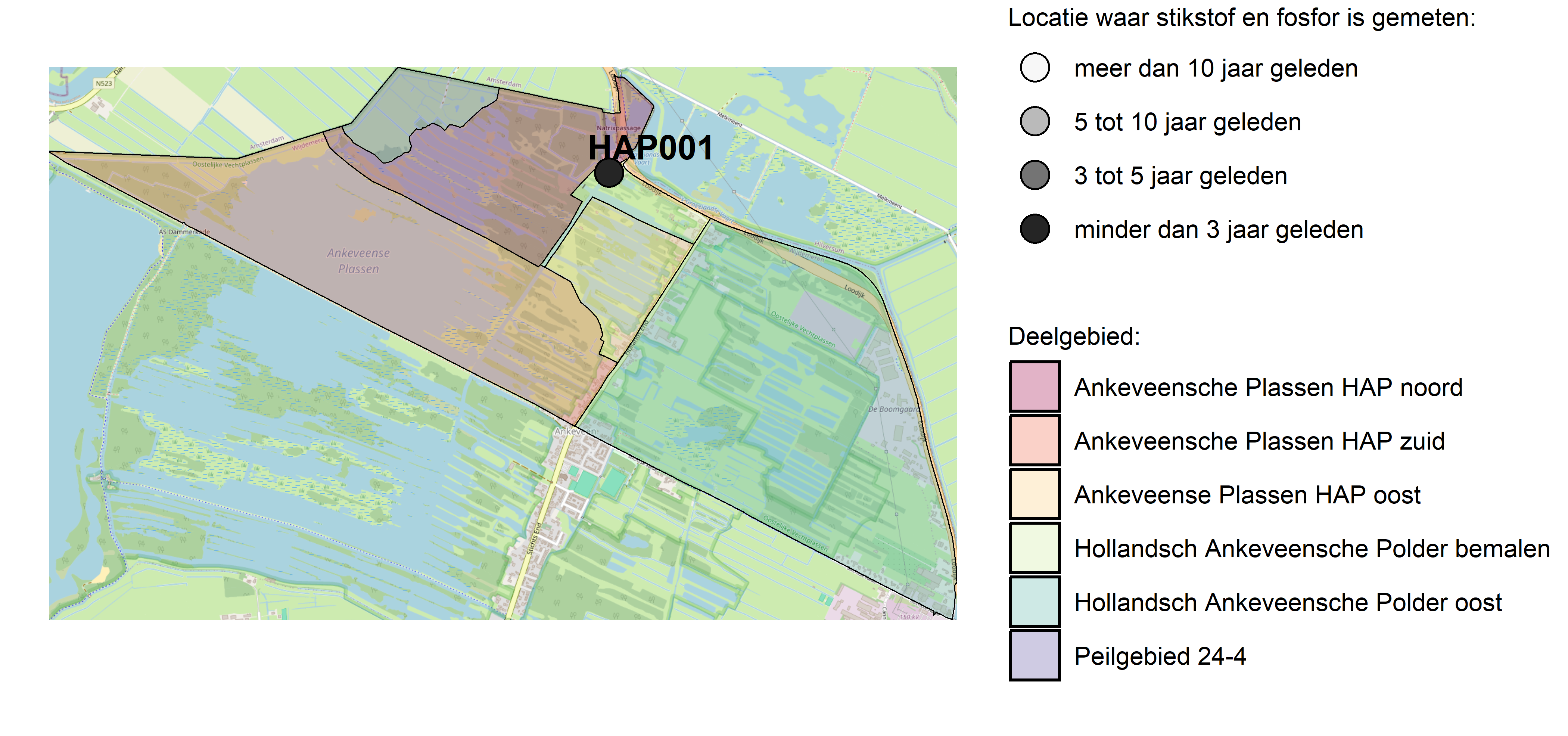 Figure 1: Kaart met meetlocaties waar stikstof en fosfor zijn gemeten. Het laatste meetjaar waarin een locatie is bemonsterd, is weergegeven in verschillende tinten grijs.