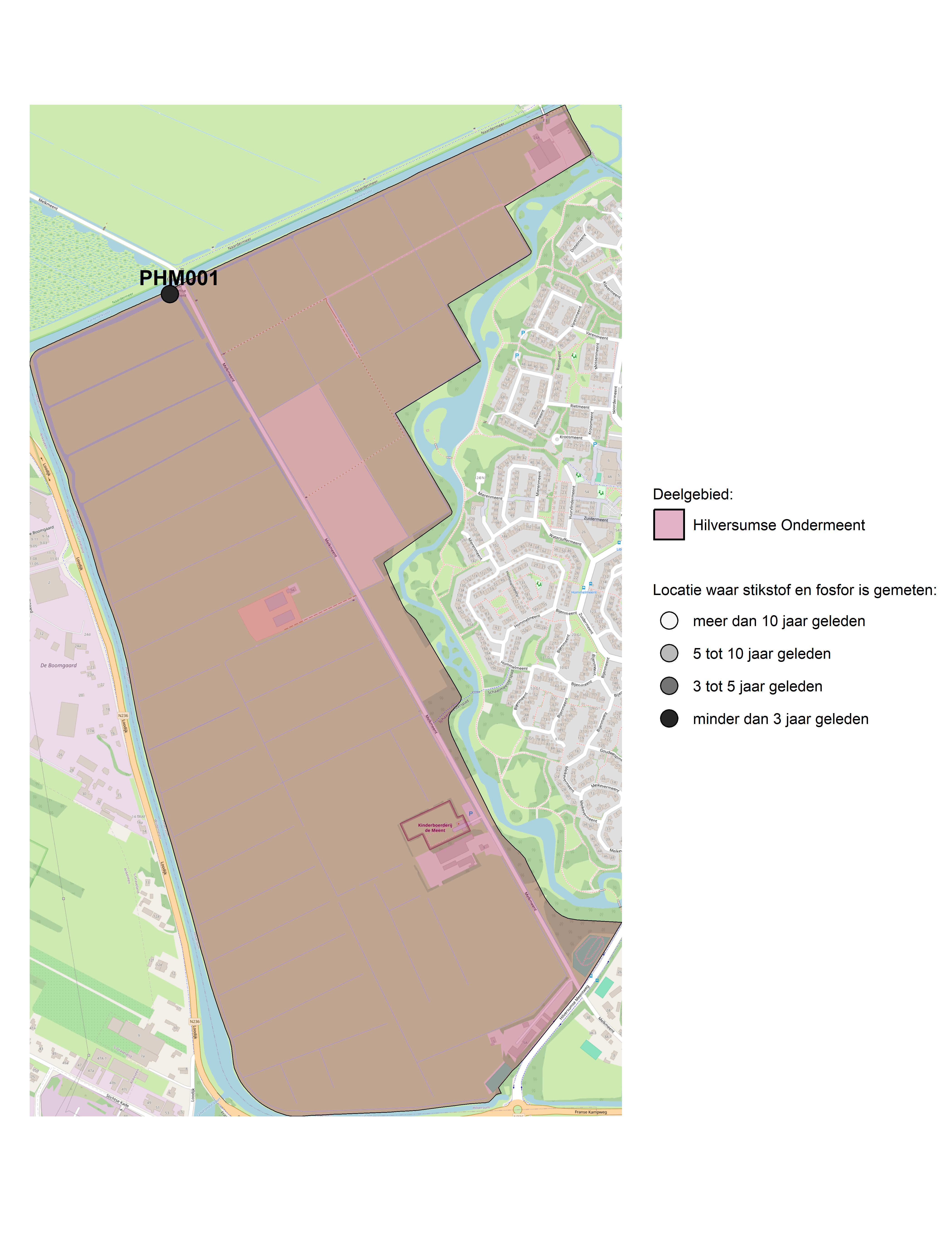 Figure 1: Kaart met meetlocaties waar stikstof en fosfor zijn gemeten. Het laatste meetjaar waarin een locatie is bemonsterd, is weergegeven in verschillende tinten grijs.