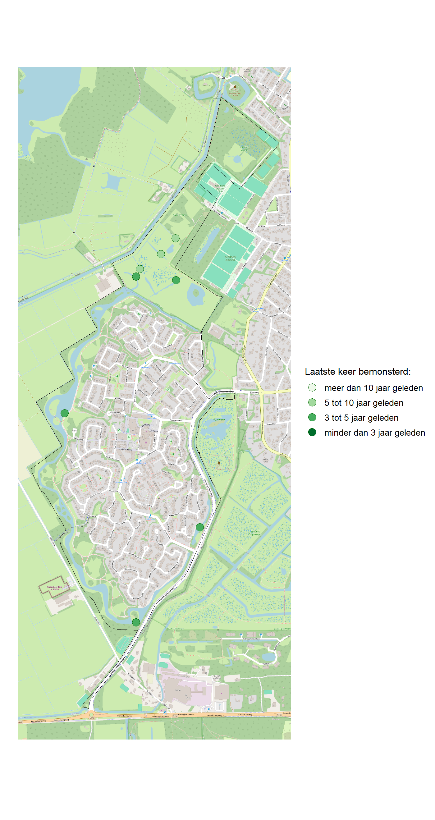 Kaart met meetlocaties waar waterplanten worden gemeten (groene stippen). Het laatste meetjaar waarin een locatie is bemonsterd is weergegeven in verschillende tinten groen.