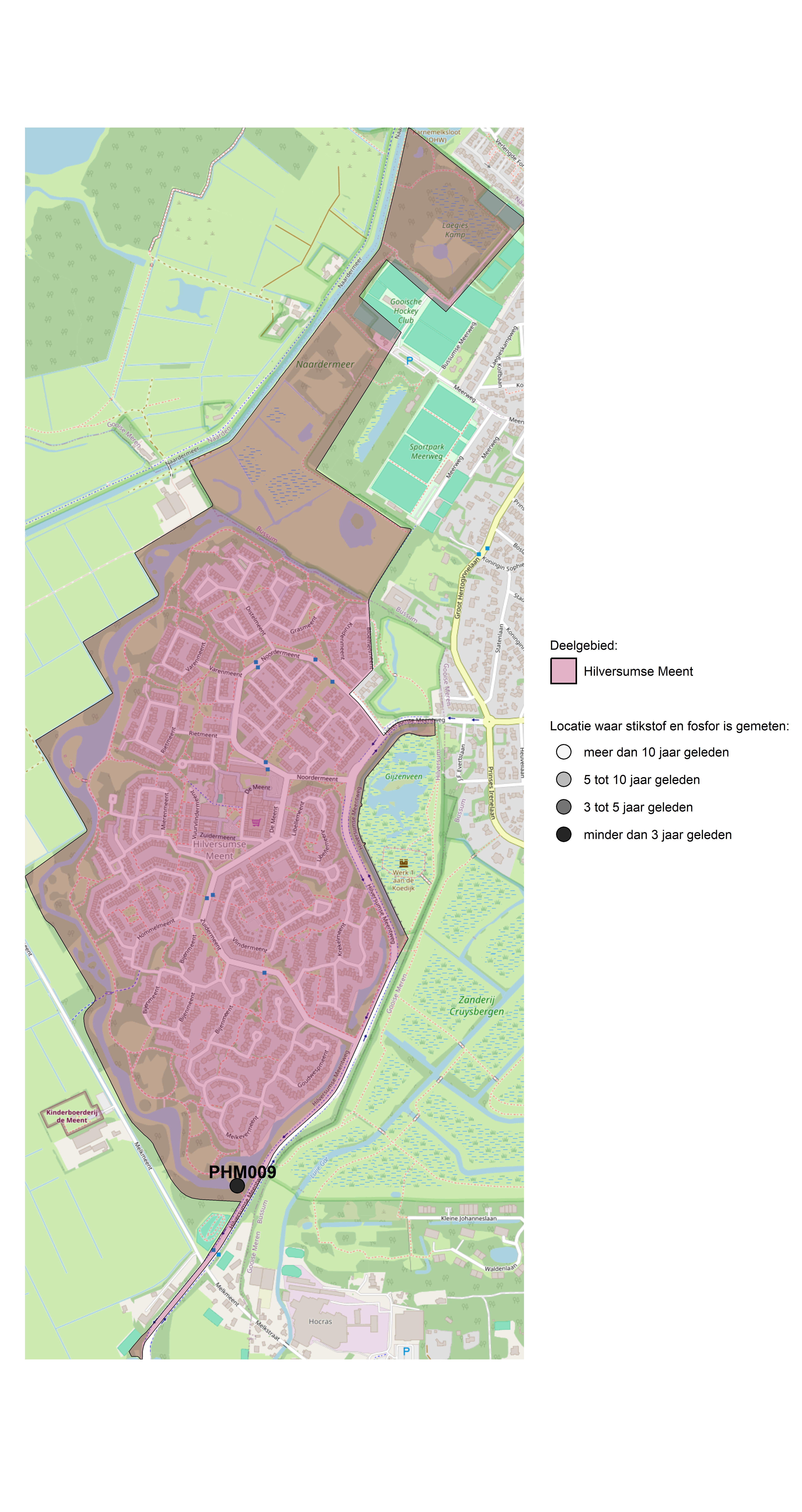 Figure 1: Kaart met meetlocaties waar stikstof en fosfor zijn gemeten. Het laatste meetjaar waarin een locatie is bemonsterd, is weergegeven in verschillende tinten grijs.