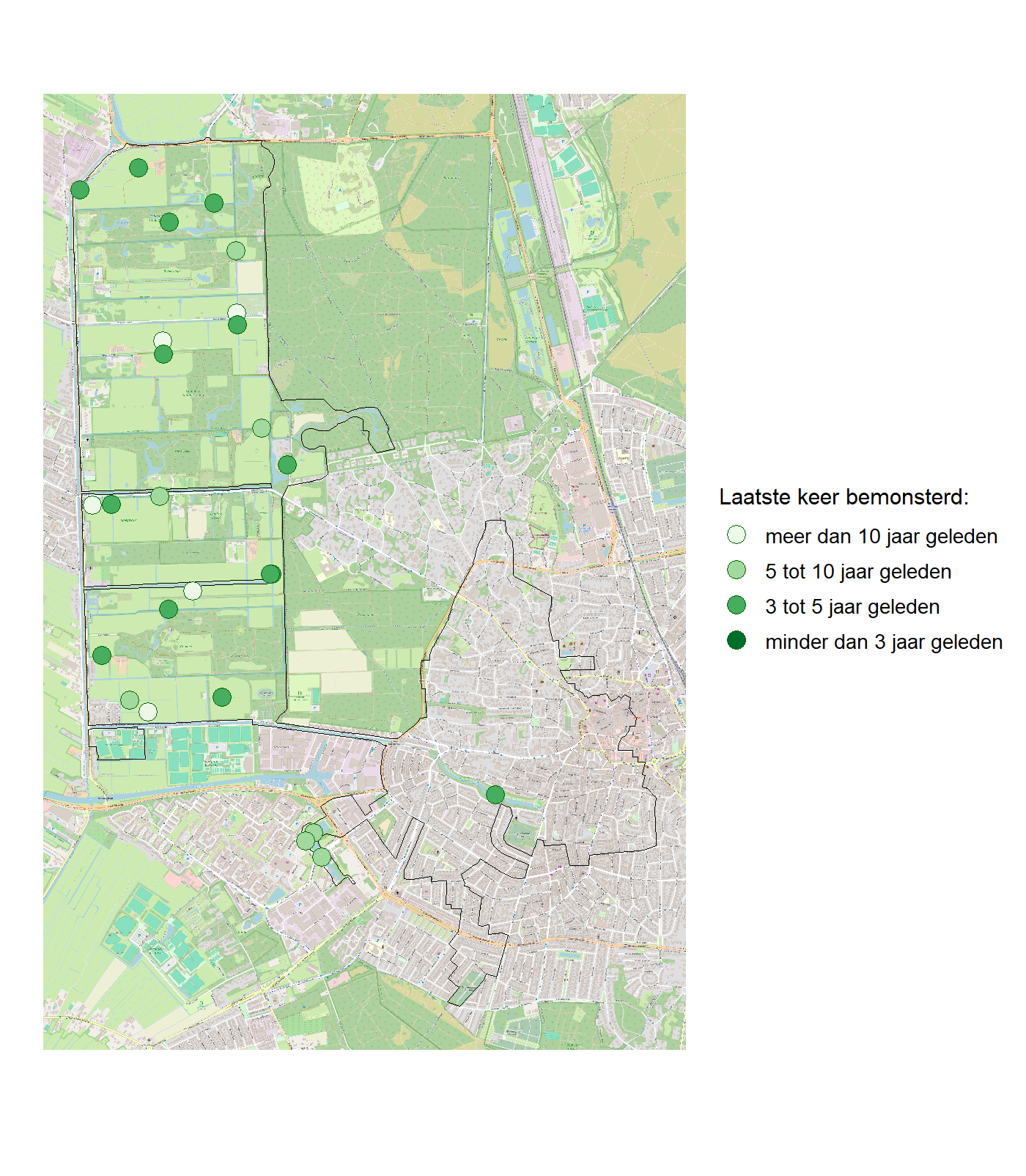 Kaart met meetlocaties waar waterplanten worden gemeten (groene stippen). Het laatste meetjaar waarin een locatie is bemonsterd is weergegeven in verschillende tinten groen.